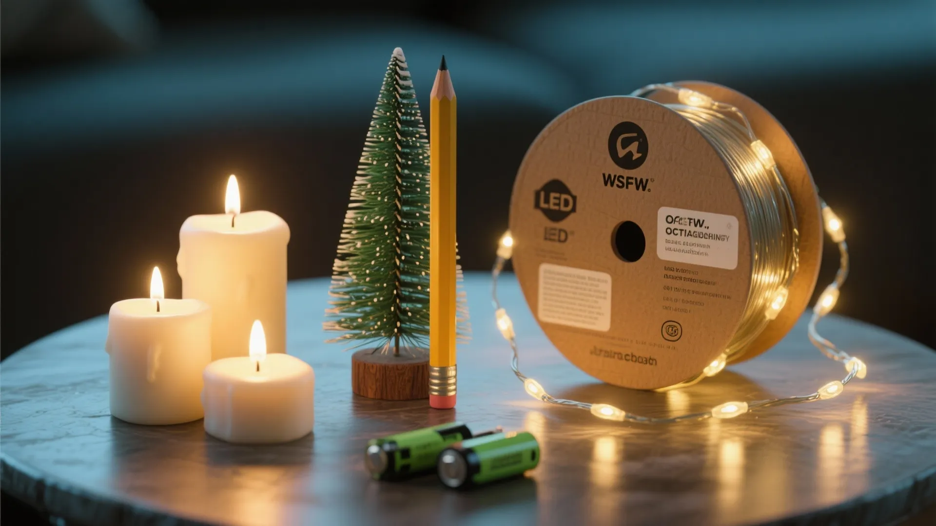 Three white candles next to green tree yellow pencil batteries and roll of string lights