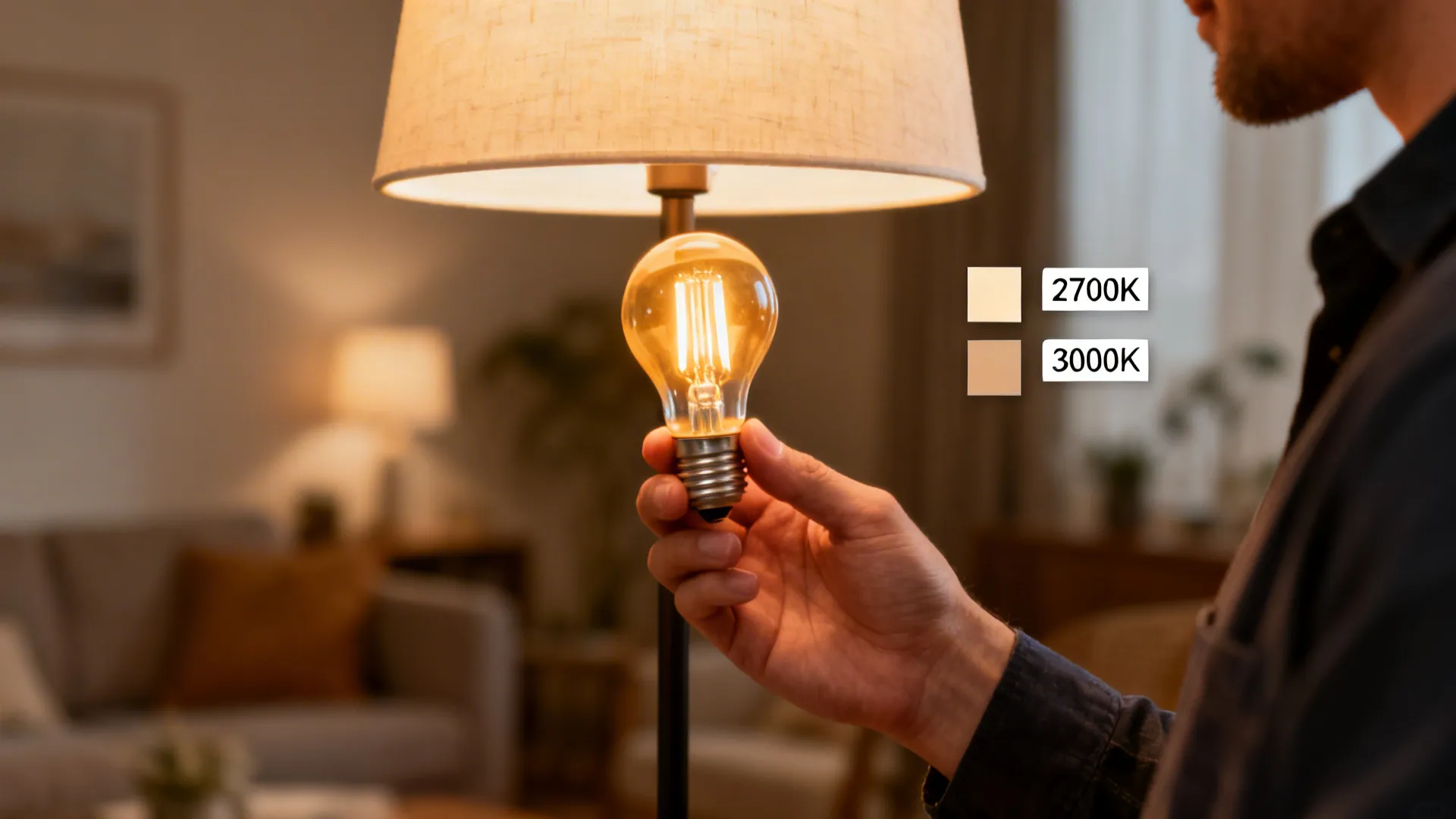 Hand holding a glowing light bulb below a lamp to show different warm color choices