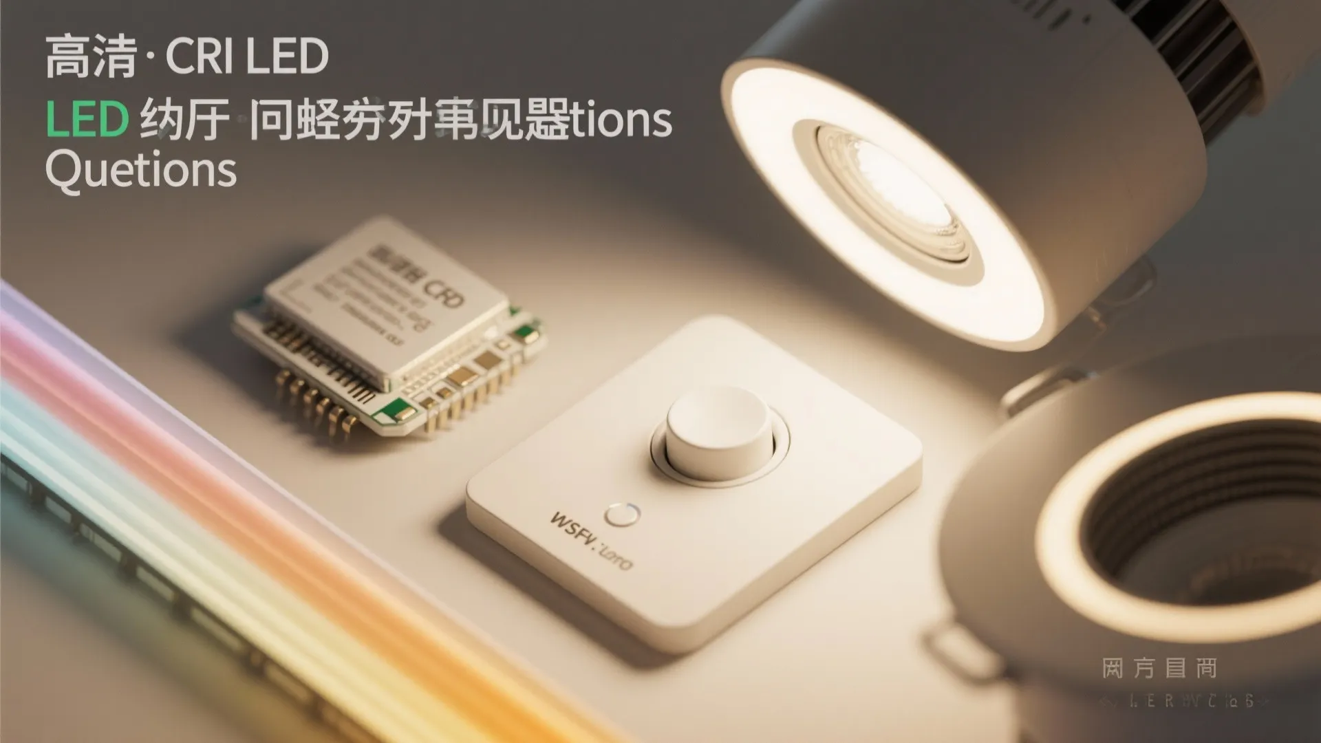 Macro montage of high CRI LED chip, dimmer, tunable strip gradient, and wide-beam trim.