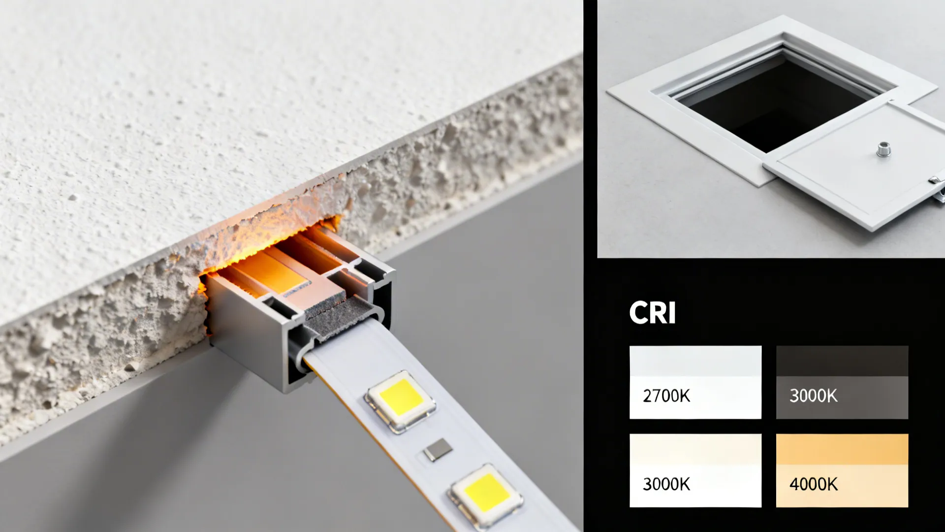 Close-up montage showing LED installation details: heat gap, maintenance hatch and color temperature swatches