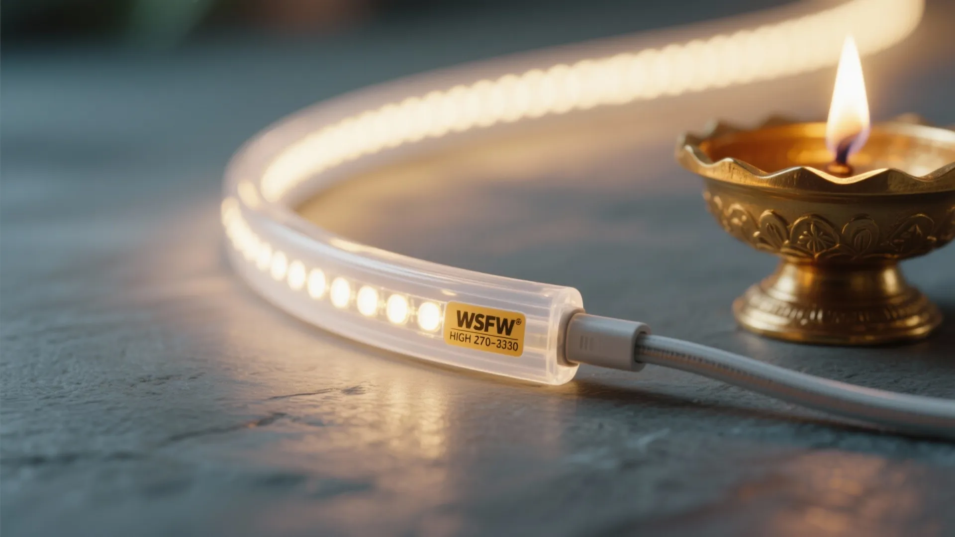 Close up of flexible led light strip on floor next to small burning oil lamp
