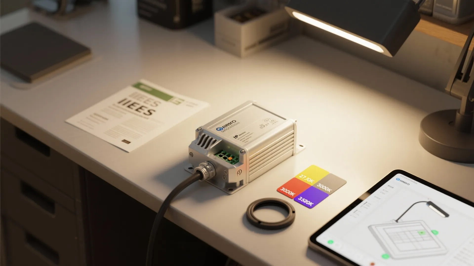 Close-up of LED driver, IP gasket, and color temperature swatches next to an IES handbook and 3D planner tablet