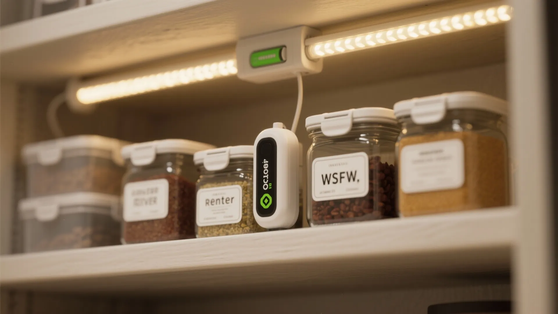Led light strip illuminating food storage glass jars on a white kitchen shelf with battery