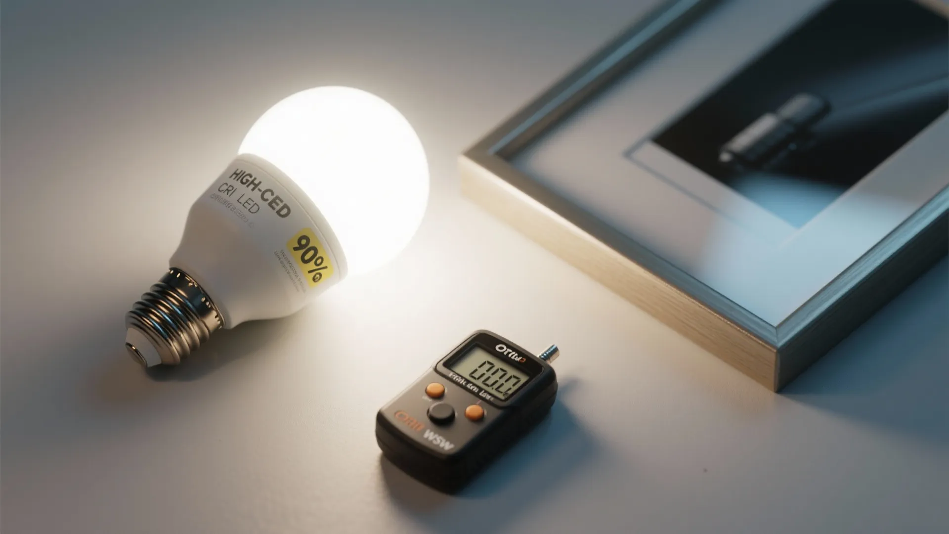 High-CRI LED bulb beside a lux meter and an anti-reflective framed print, illustrating safe lighting choices.