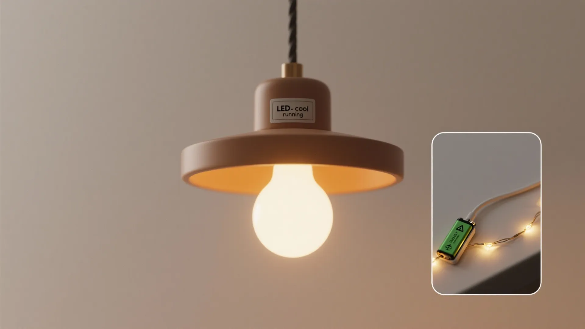 Modern ceiling light with orange shade and a small inset showing battery powered light string