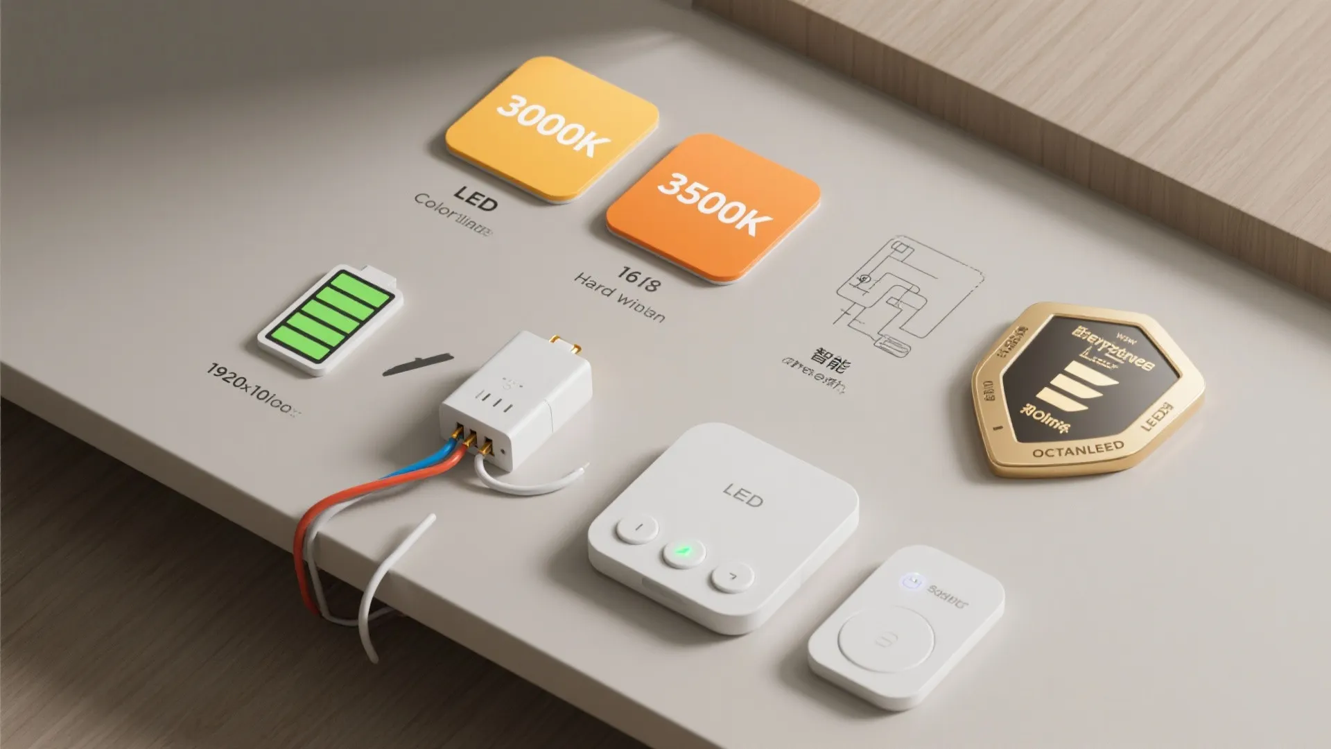 Infographic showing various led light color options including battery icons and smart home control devices