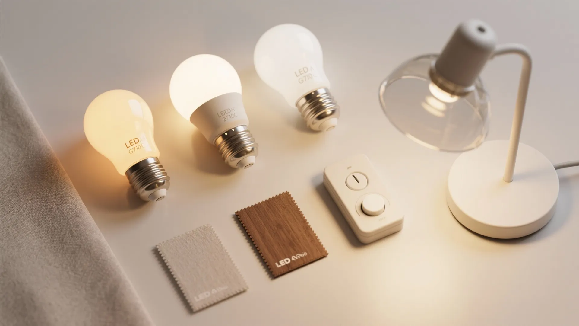 Three LED light bulbs with different color temperatures next to a small white desk lamp