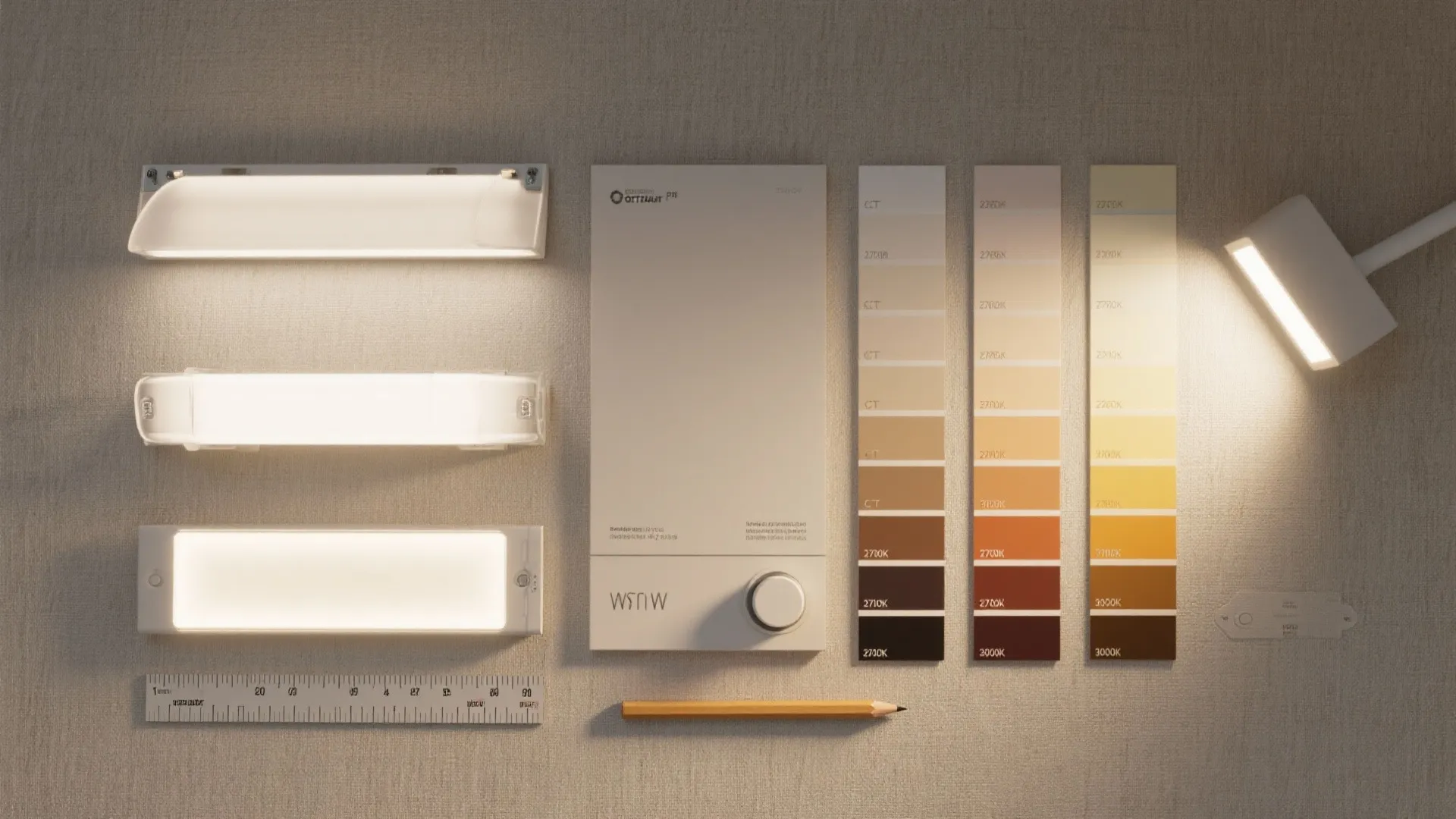 Modern light fixture samples with different color temperatures shown on color cards with a pencil