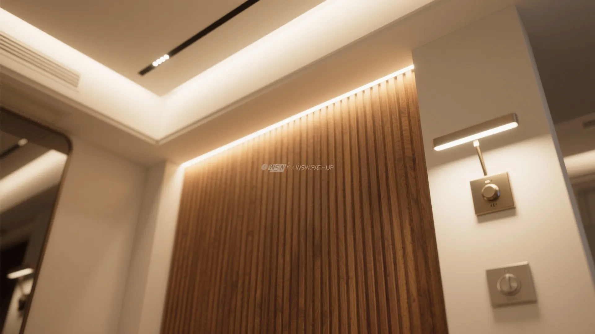 Modern wood wall panel with warm light fixture plus small switches in a cozy room