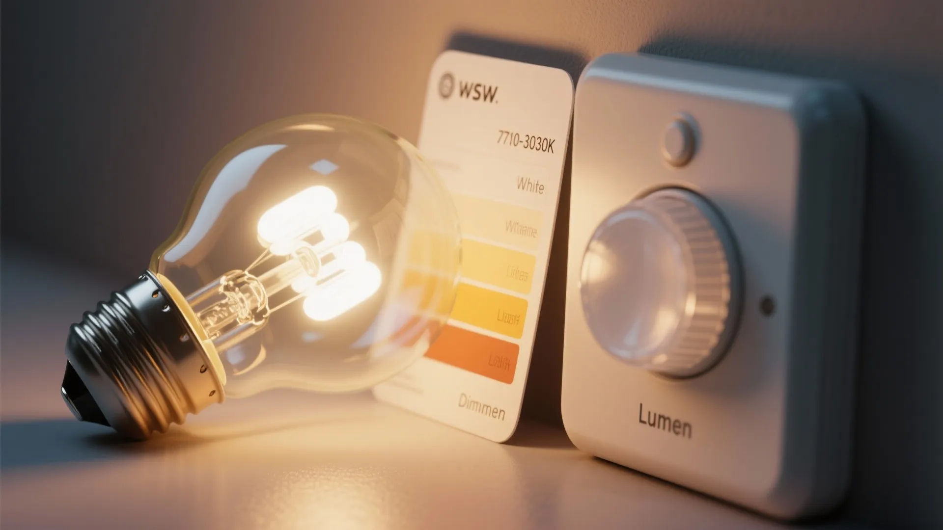 Macro of warm white bulb, dimmer switch, and color temperature card for kids wall lighting.