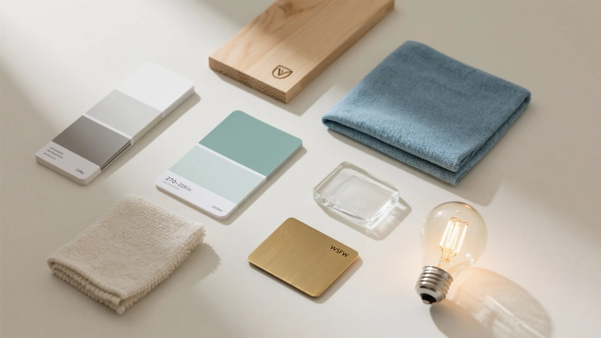 Interior design material board with wood paint swatches fabric samples metal piece and light bulb