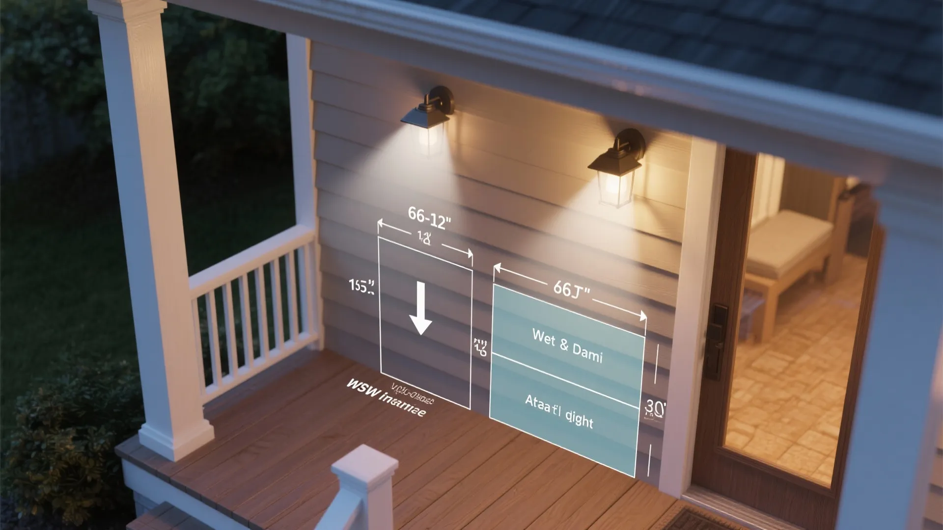 Diagram showing correct wall light placement heights and distances on an outdoor wooden porch wall
