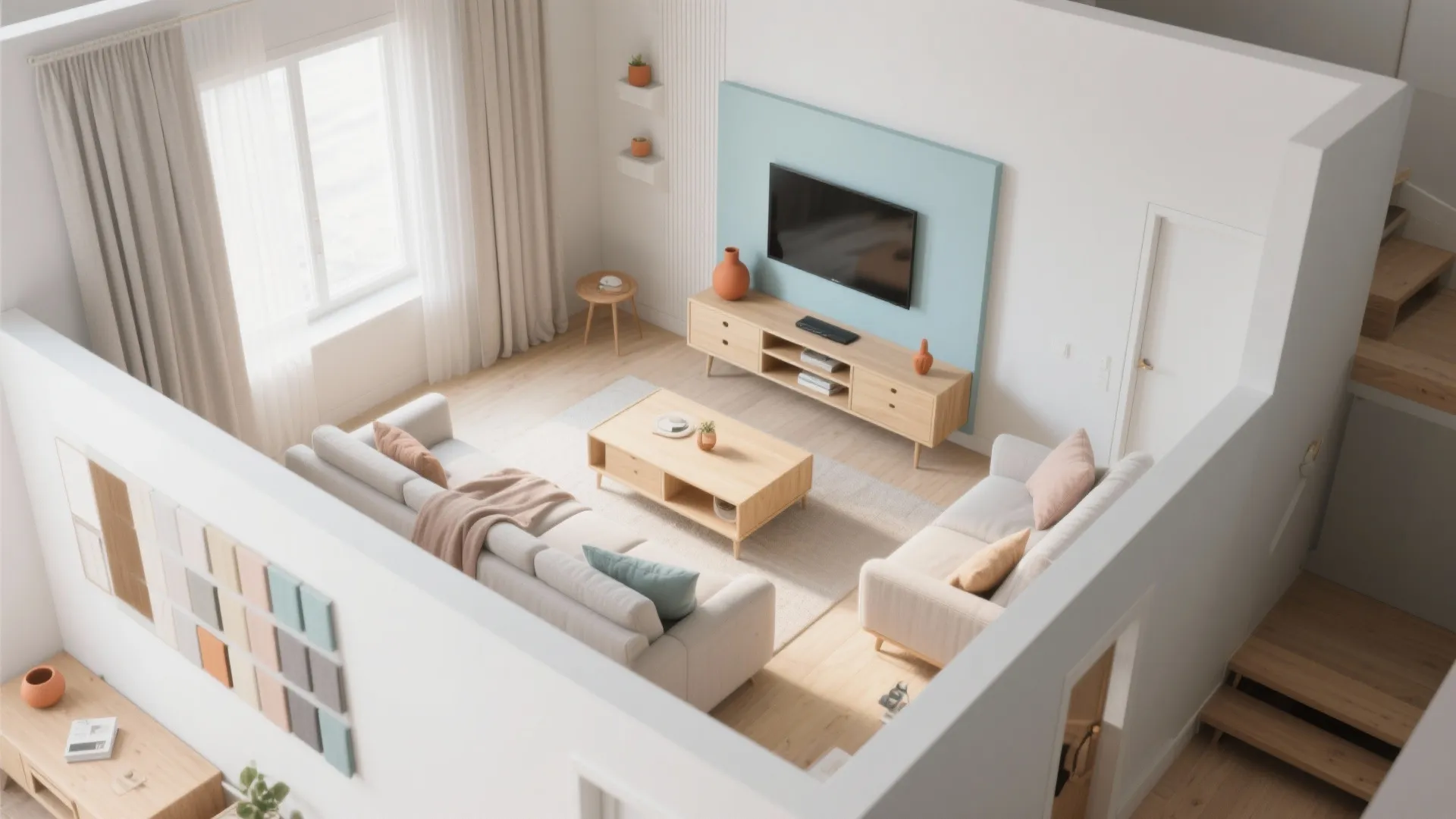 Top view of modern living room with beige sofas wooden coffee table and blue wall panel