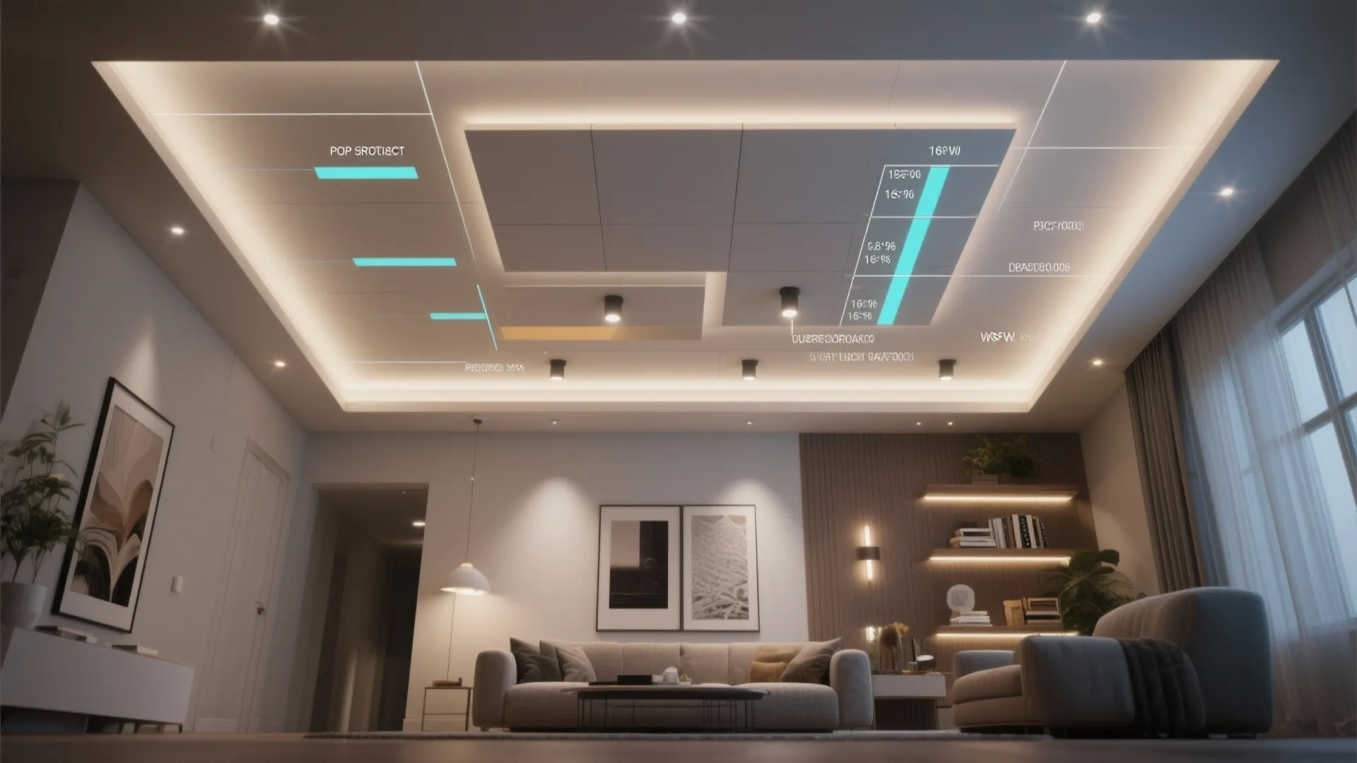 Interior design drawing showing a living room ceiling light plan with technical data and measurements