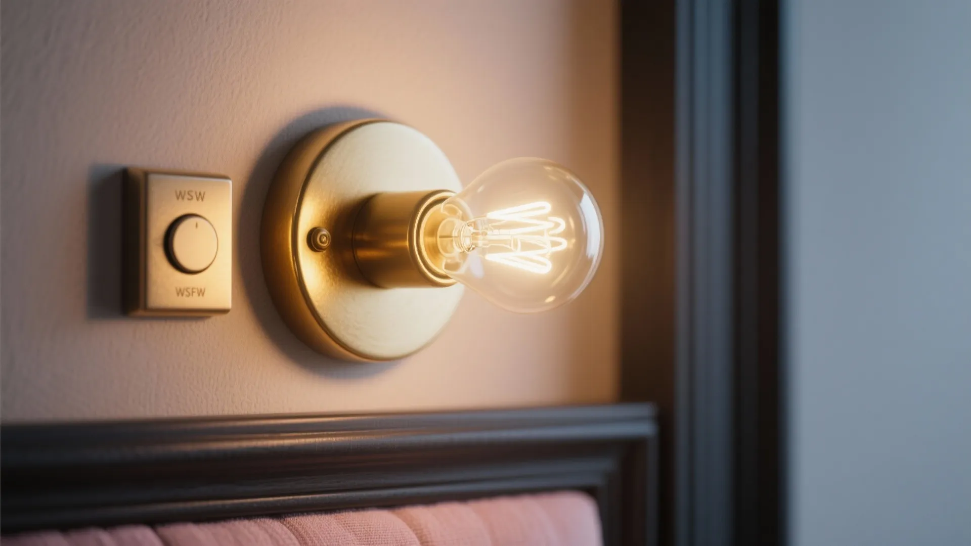 Close up view of a golden wall light fixture with a clear bulb and switch