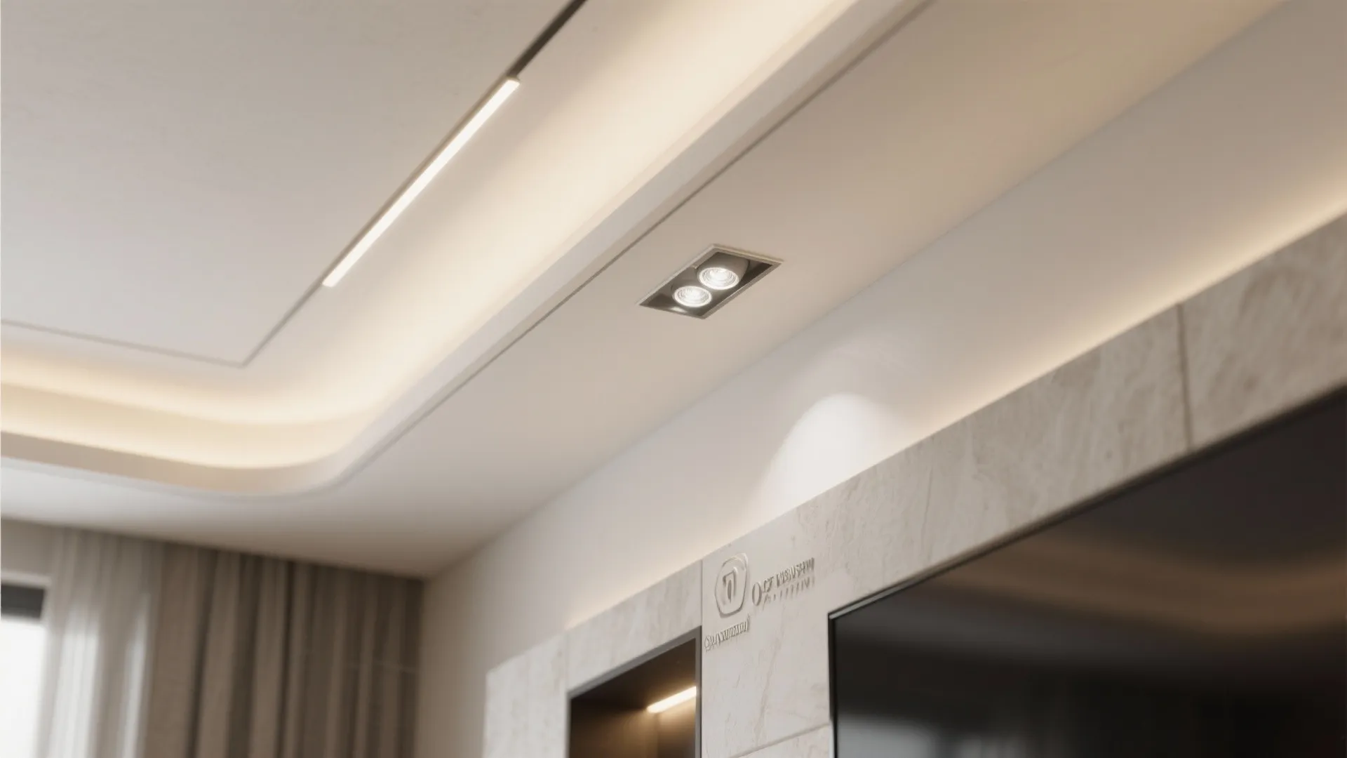 Modern living room ceiling with hidden light strips and a small recessed square light fixture