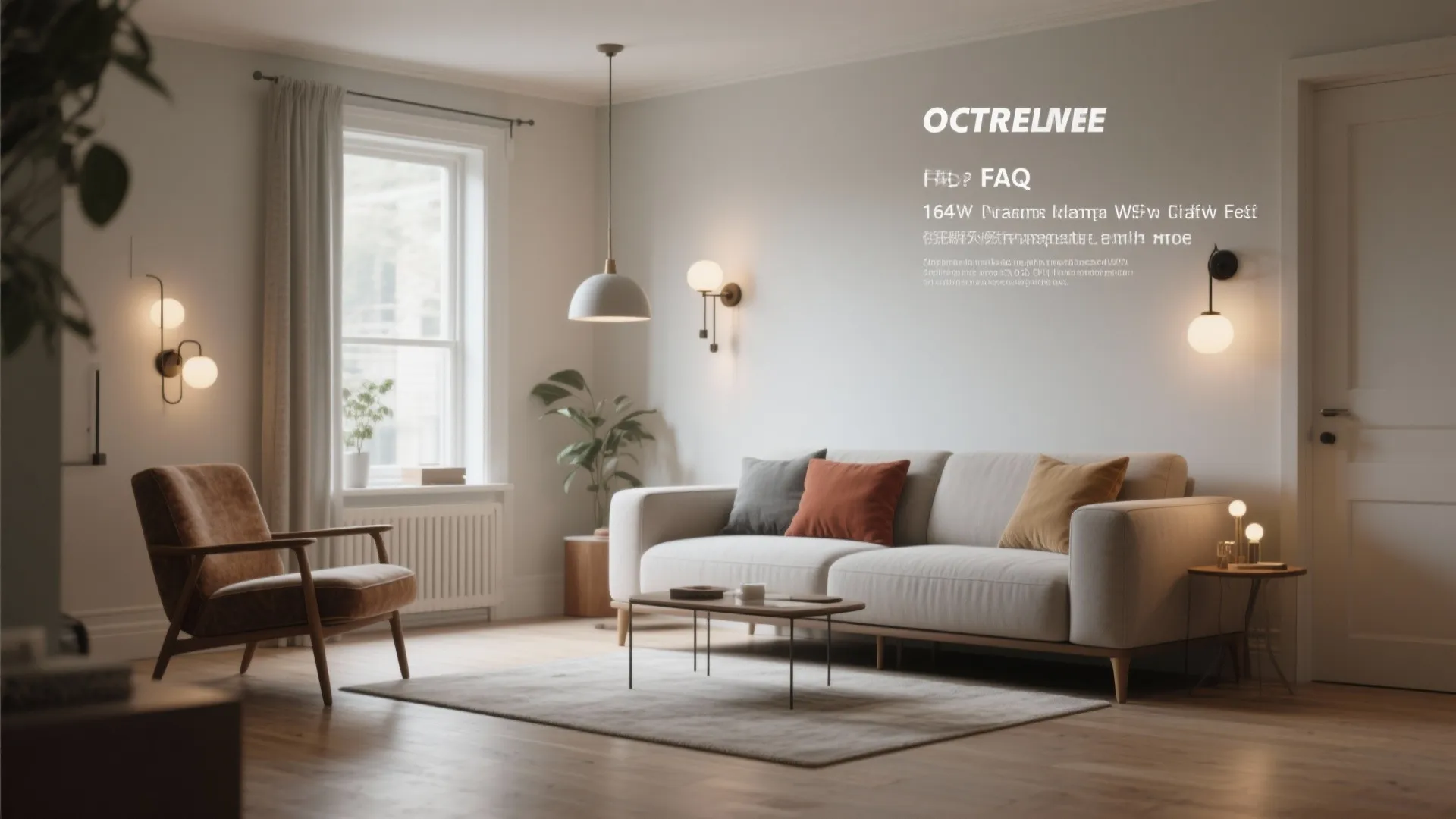 Modern living room featuring a ceiling light wall lights sofa armchair and large bright window