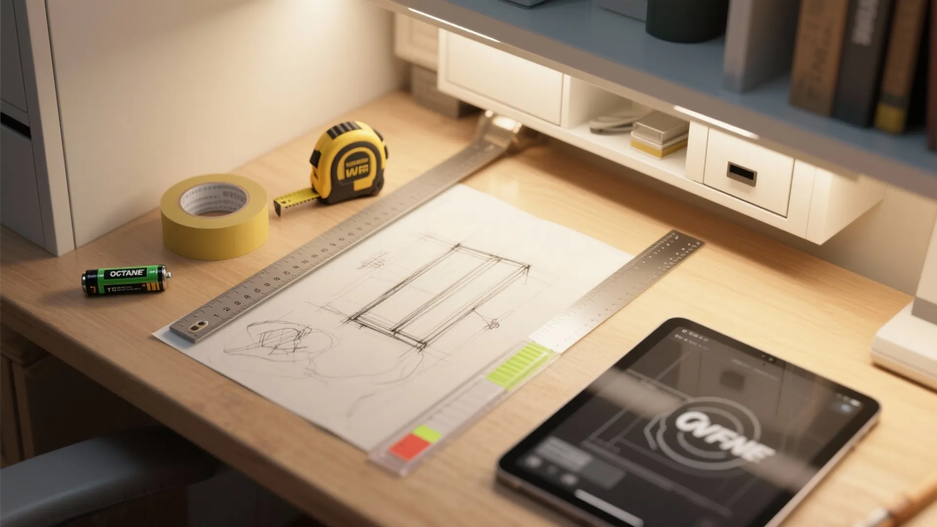 Wooden desk with hand drawing sketch ruler tape measure tablet and warm led light fixture