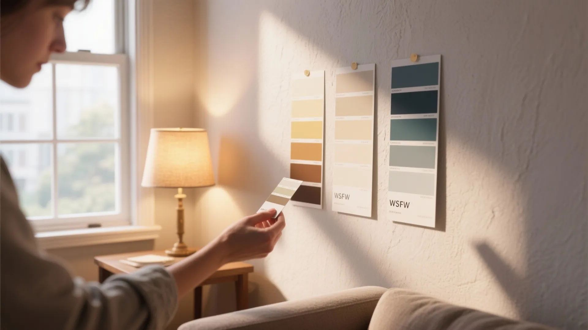 Person comparing a wall swatch under daylight and a warm lamp to show lighting impact on paint color.