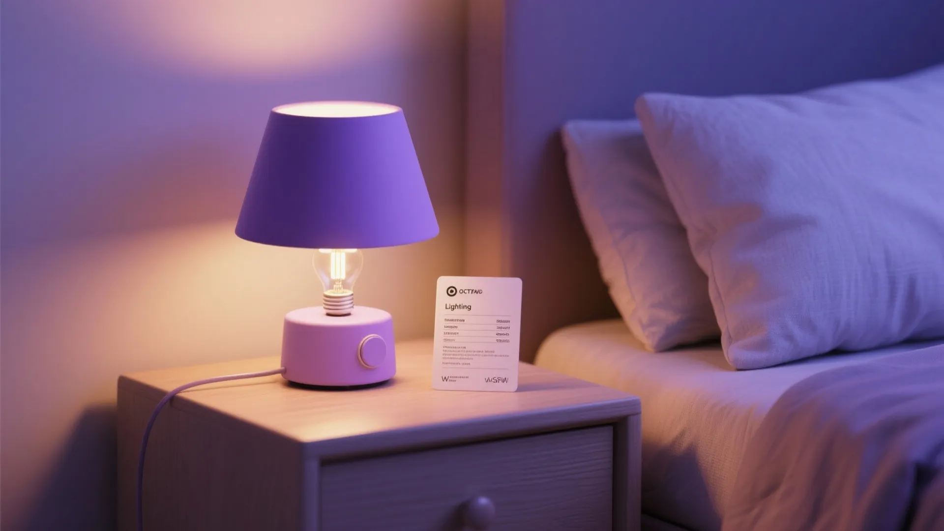 Small purple table light on a wooden bedside table in a cozy bedroom with pillows