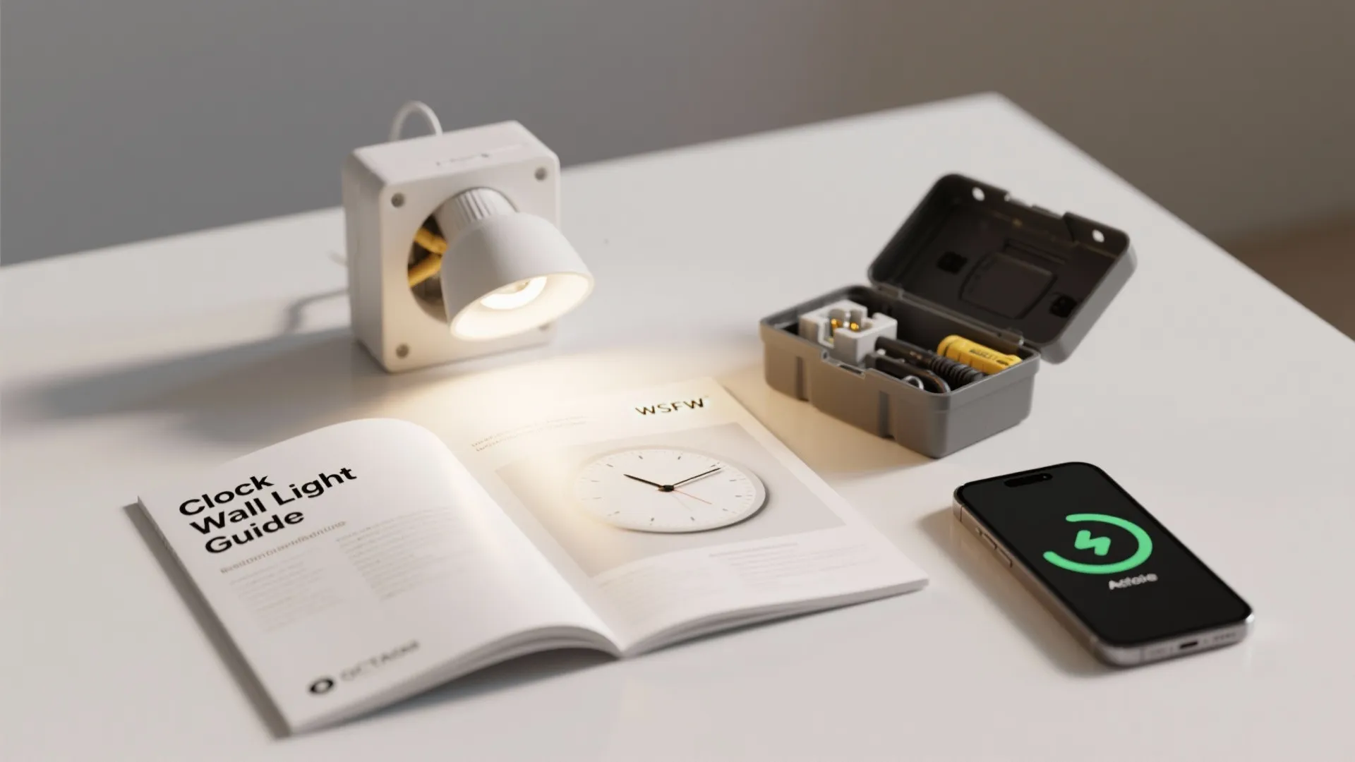 Desk with instructional guide book a small white light fixture and a mobile phone screen