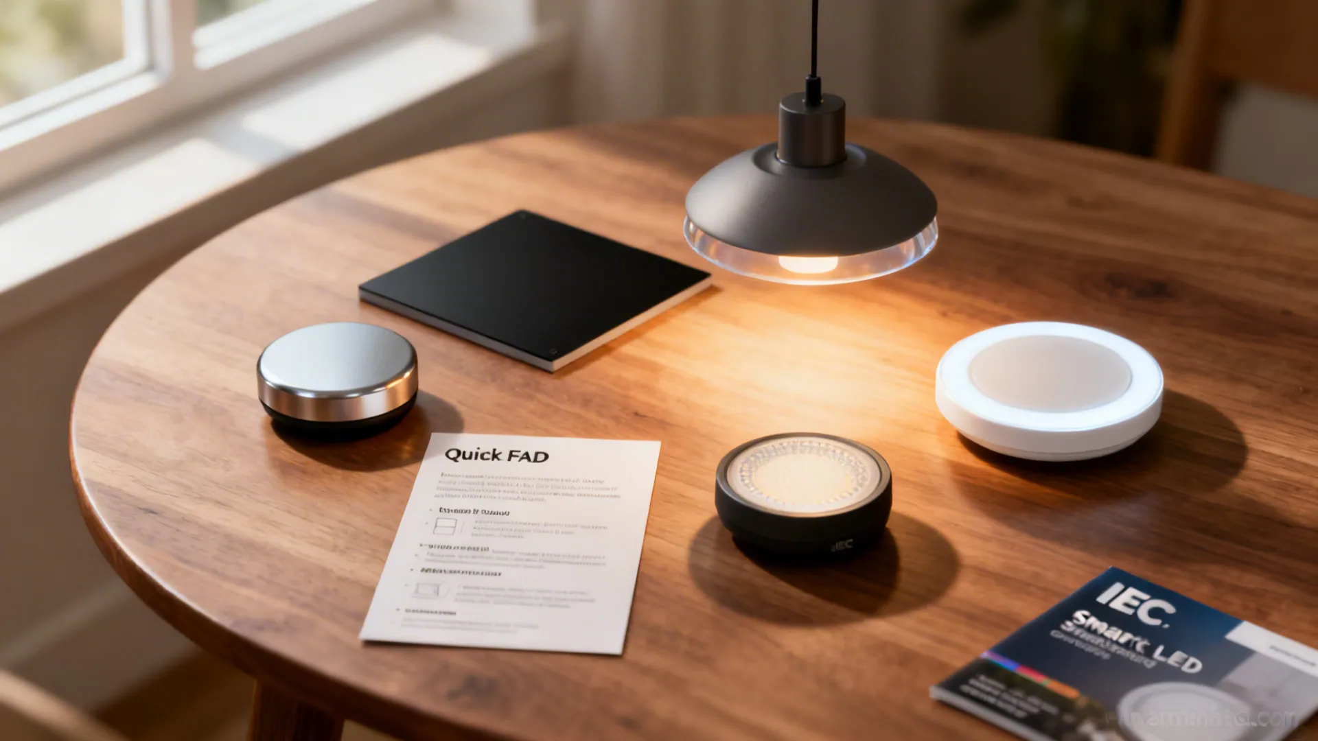 Array of battery lighting samples with an informational FAQ brochure on safety standards.