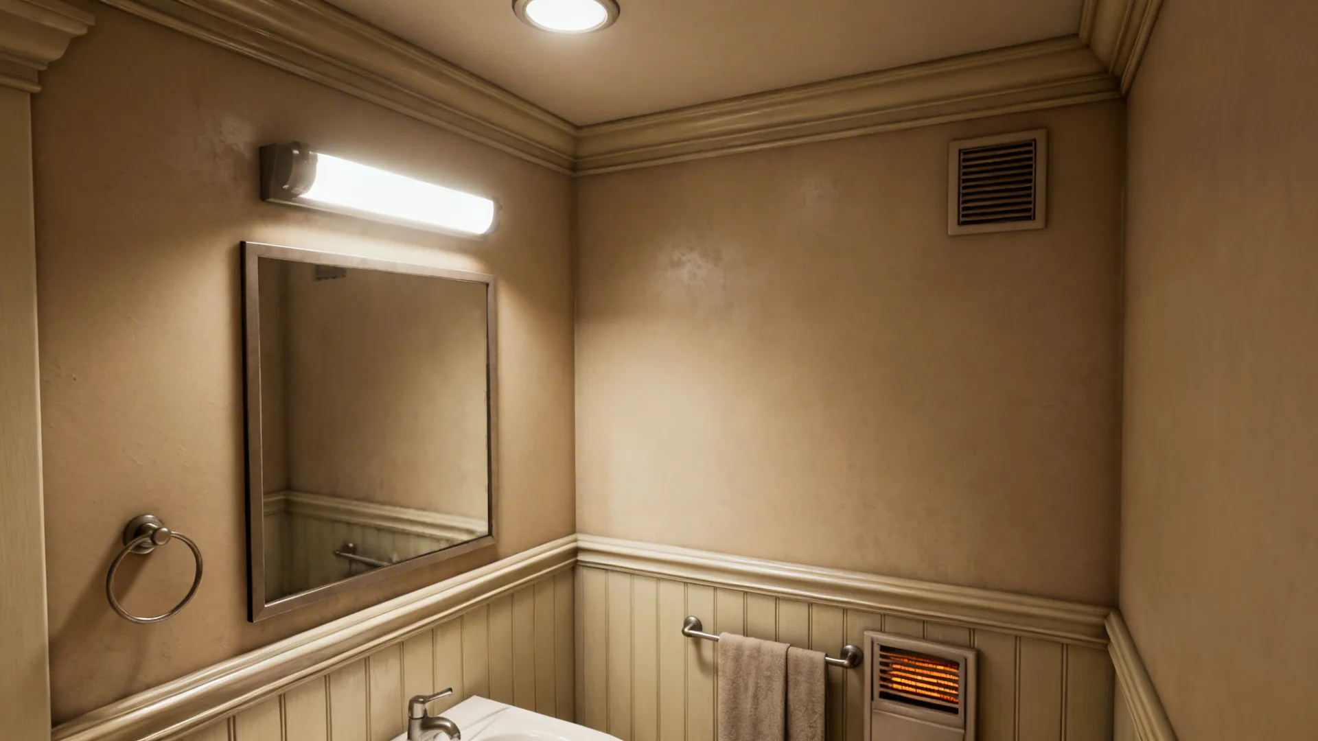 Small bathroom corner illustrating layered lighting, heated towel rail, and semi-gloss trim.