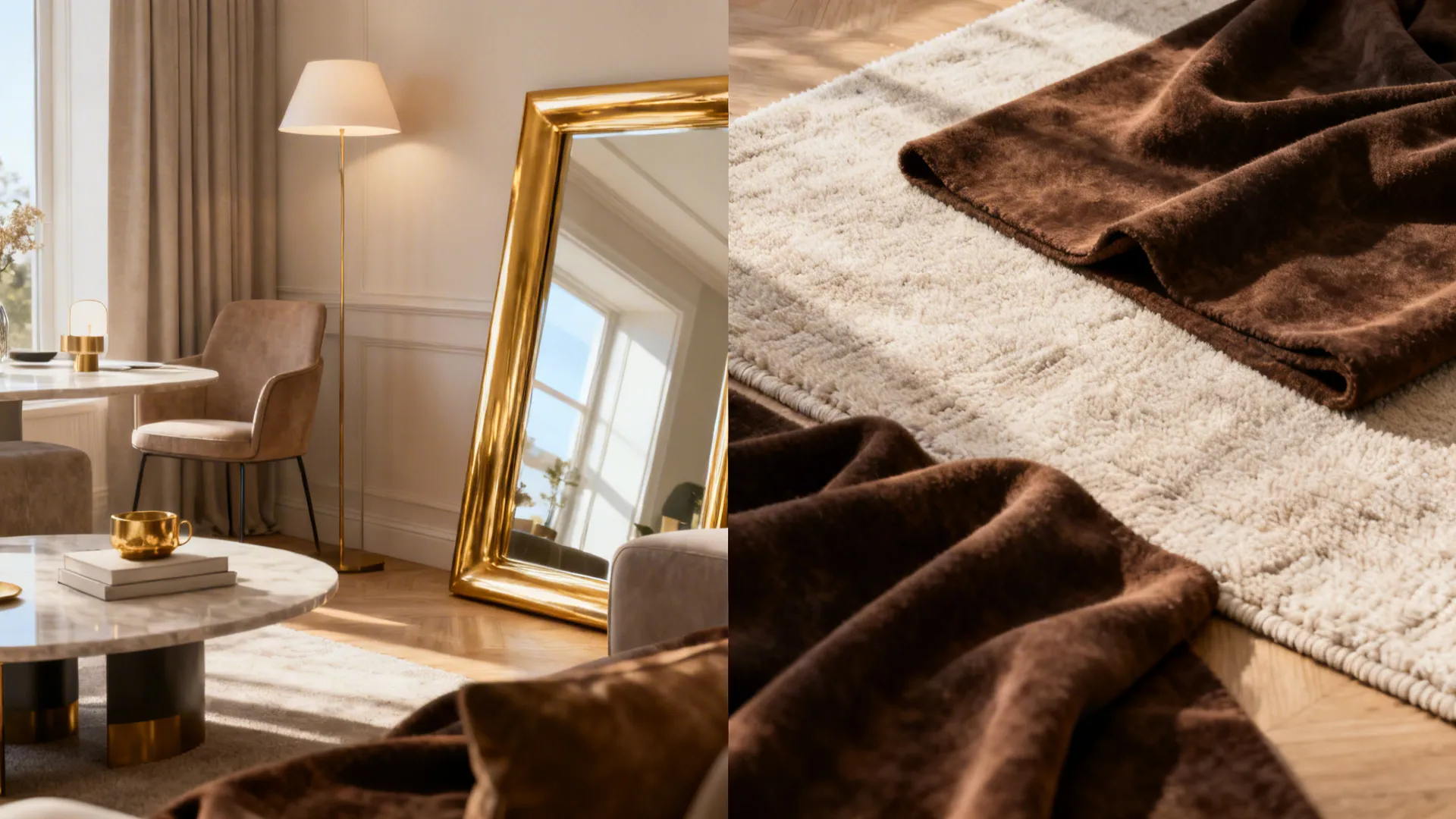 Living room with gold floor mirror, floor lamp, marble coffee table, chair, and brown room fabric