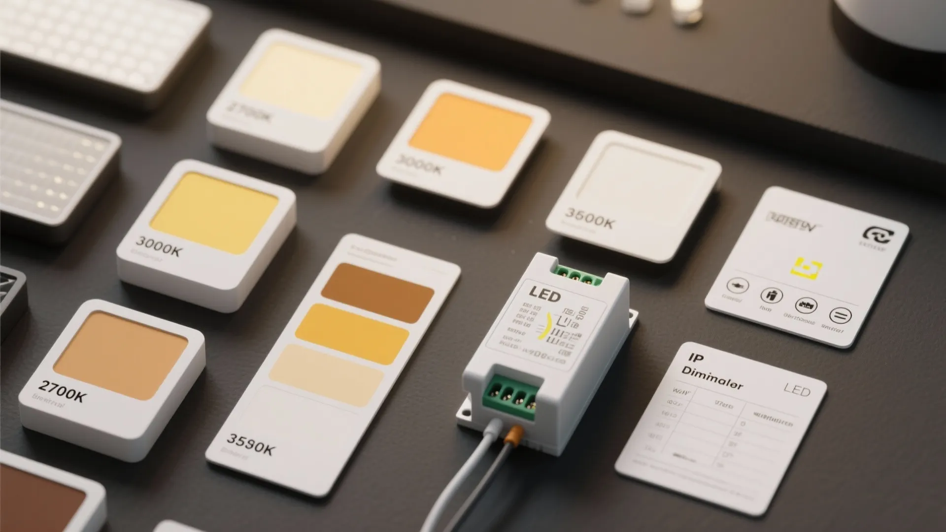 Collection of LED lighting color temperature swatches and a power controller for home interior design
