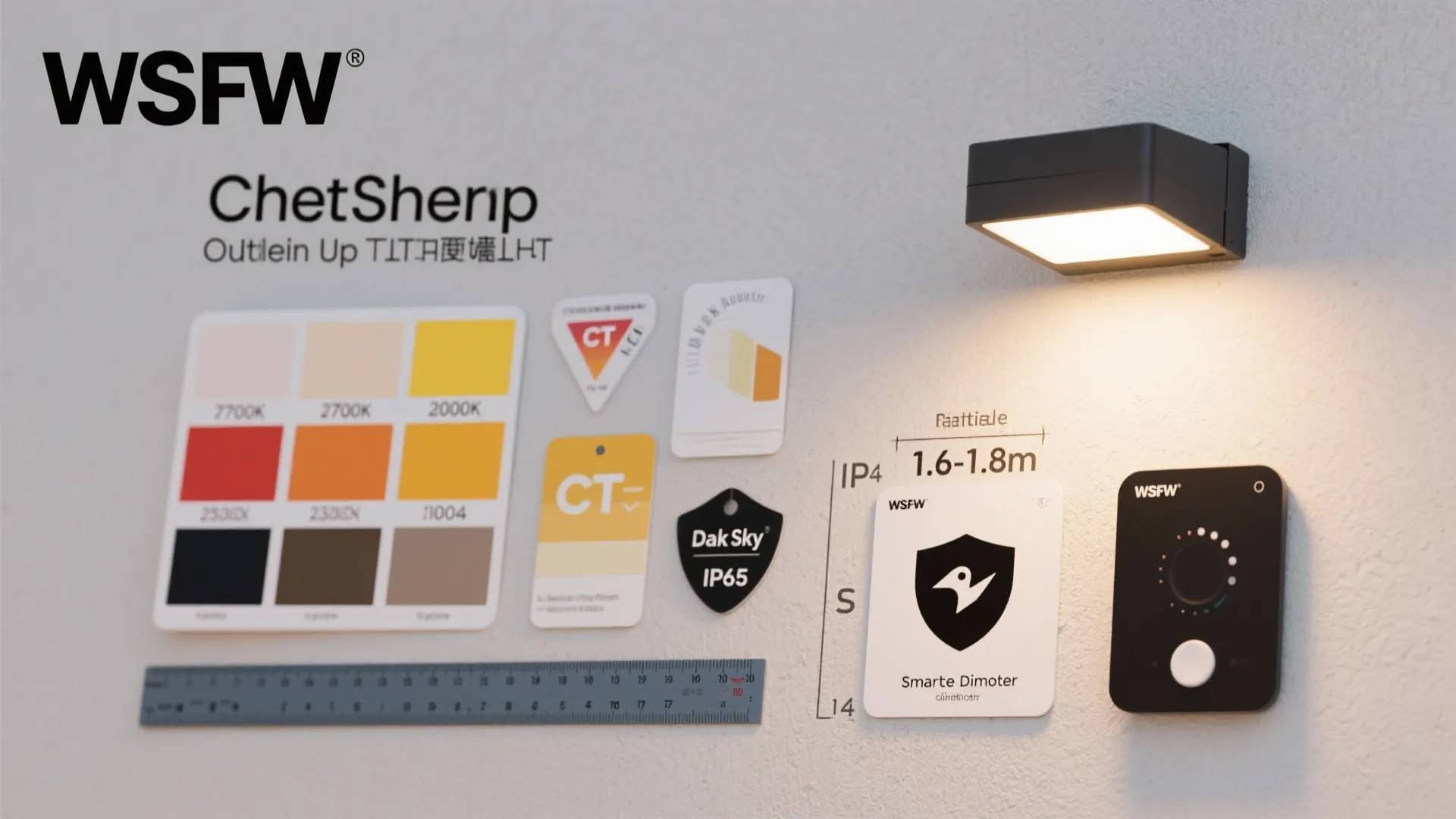Flat lay of lighting essentials: warm CCT swatches, beam angles, mounting height, IP ratings, and smart dimmer.