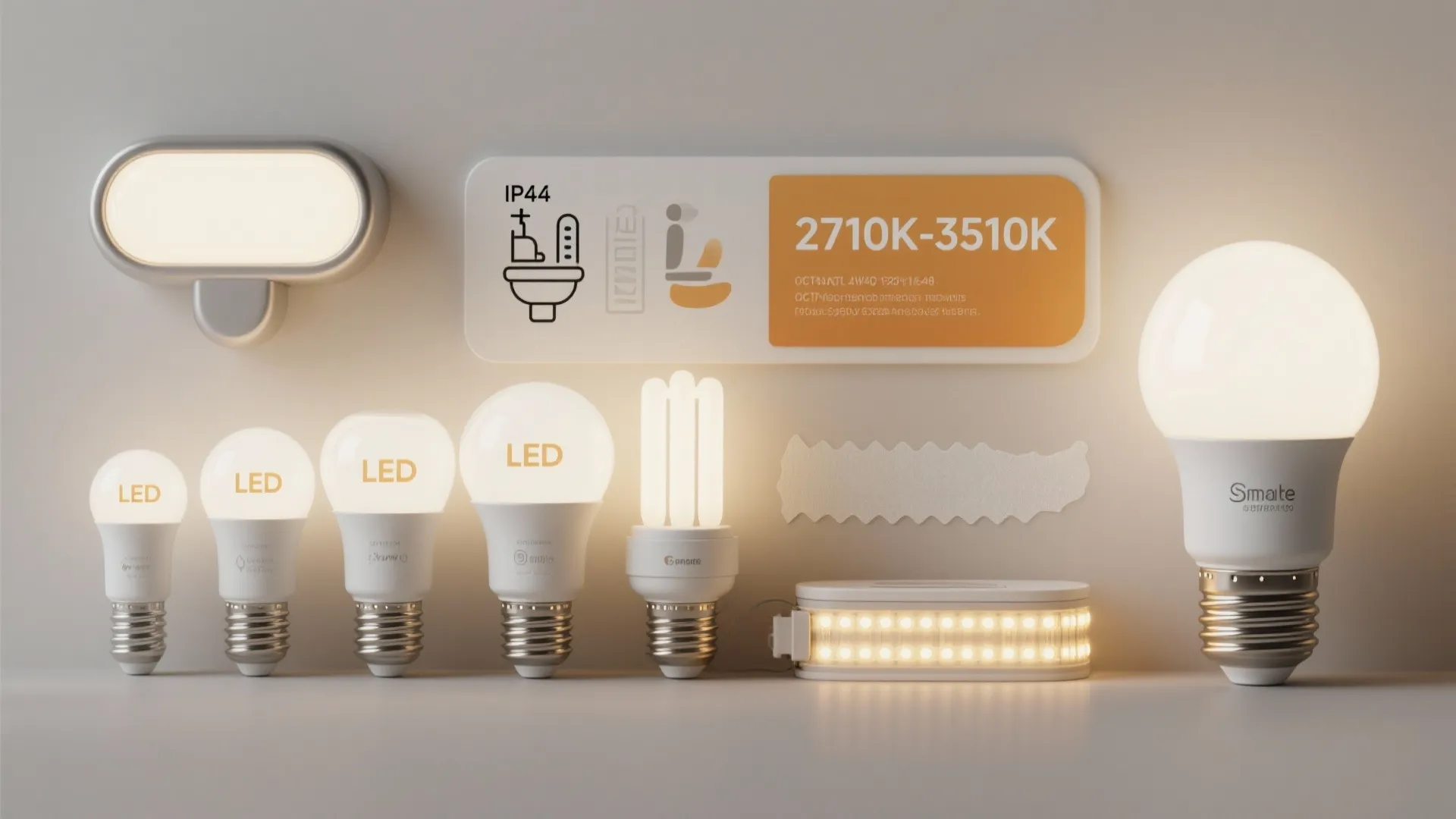 Close-up collage of LED bulbs, IP44 fixture icon, peel-and-stick LED strip and a smart bulb illustrating FAQ topics.