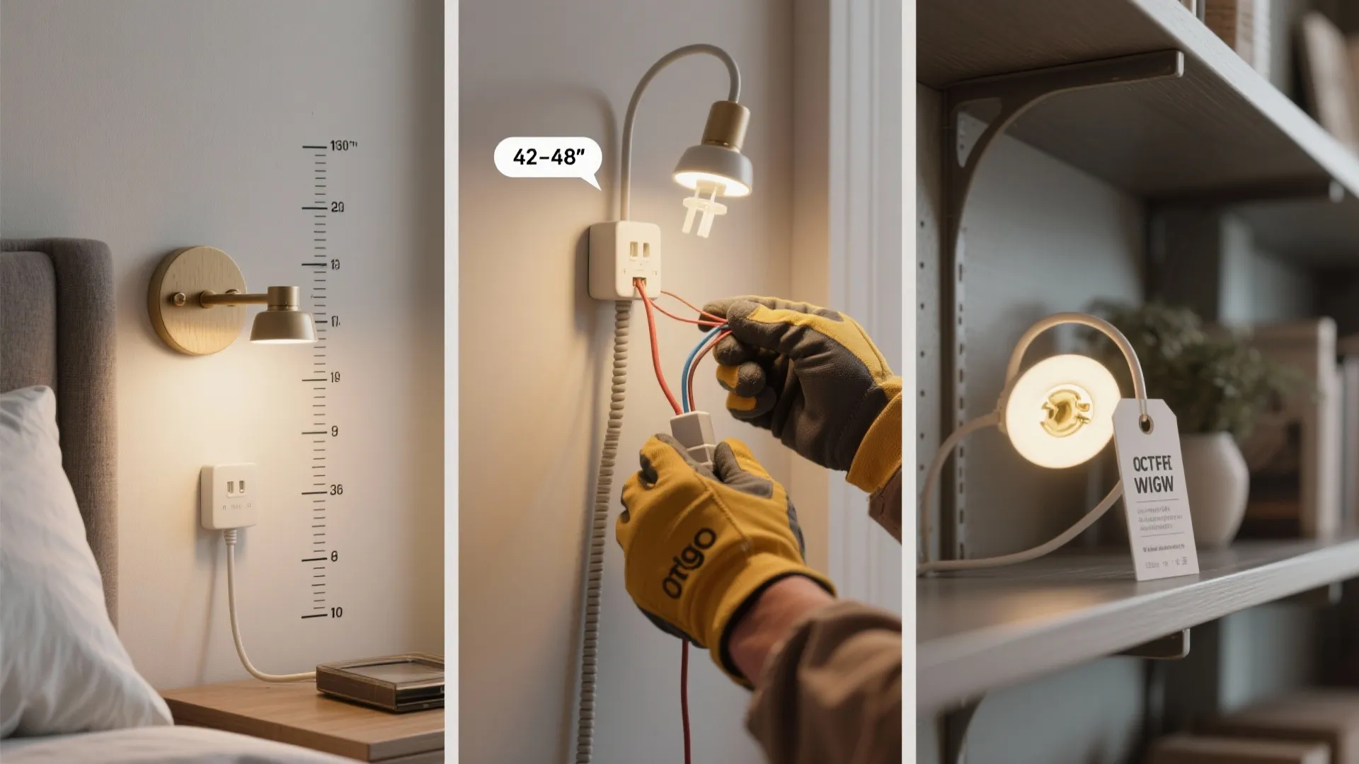 Three images showing wall light height measurement electrical installation steps and a small desk lamp