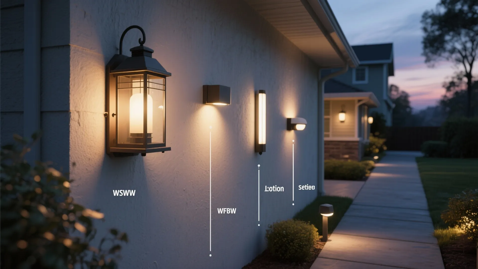 Different types of outdoor wall light fixtures on a house wall next to a garden walkway