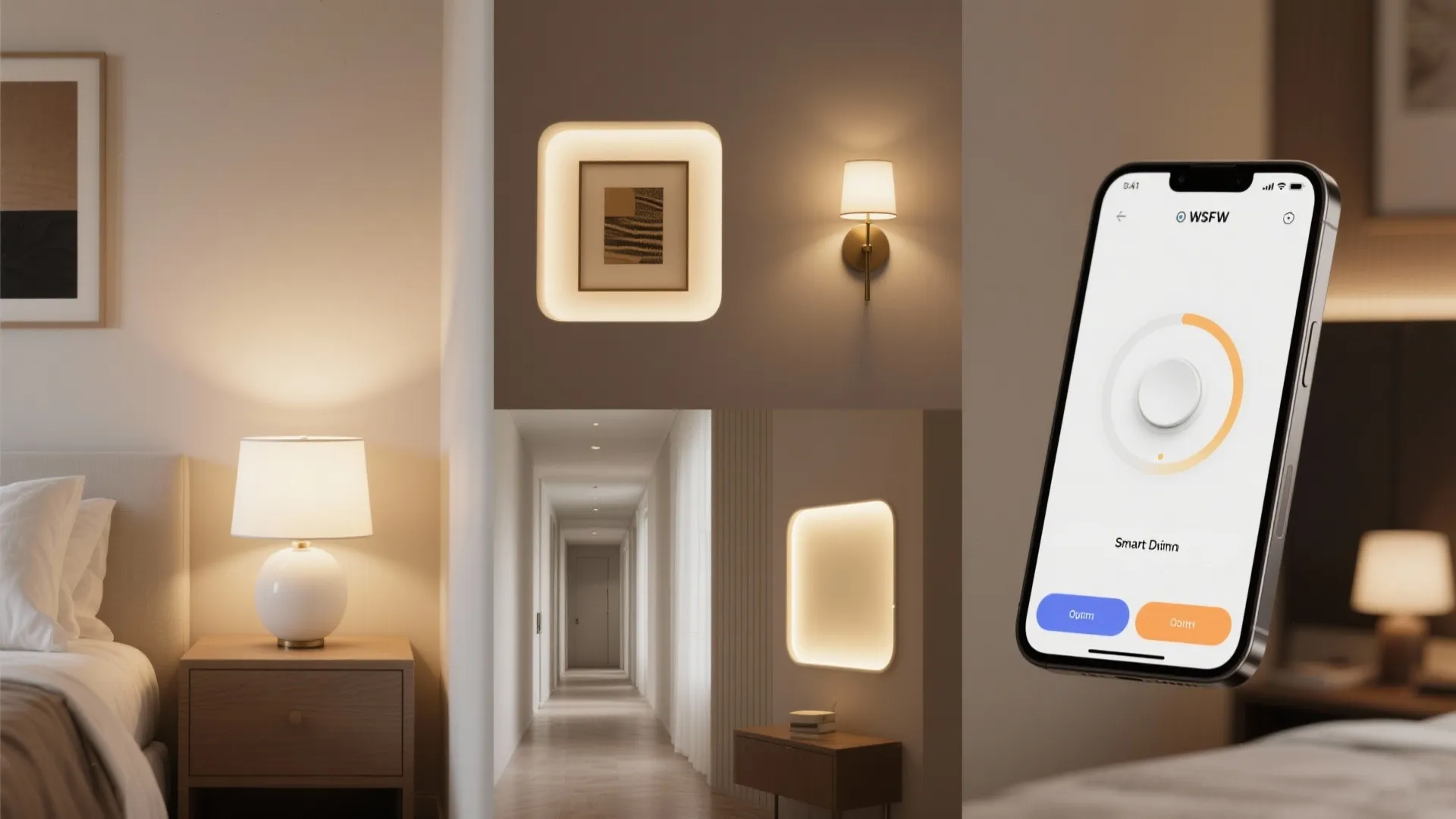 Composite of common white wall light types and a smartphone showing smart dimming controls