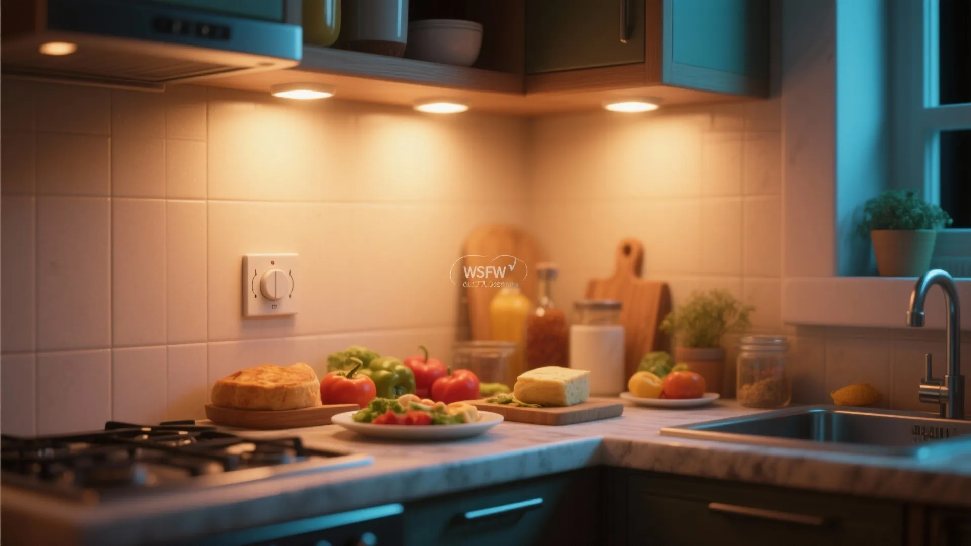 Kitchen vignette demonstrating warm LED color temperature and high CRI rendering of food and surfaces.