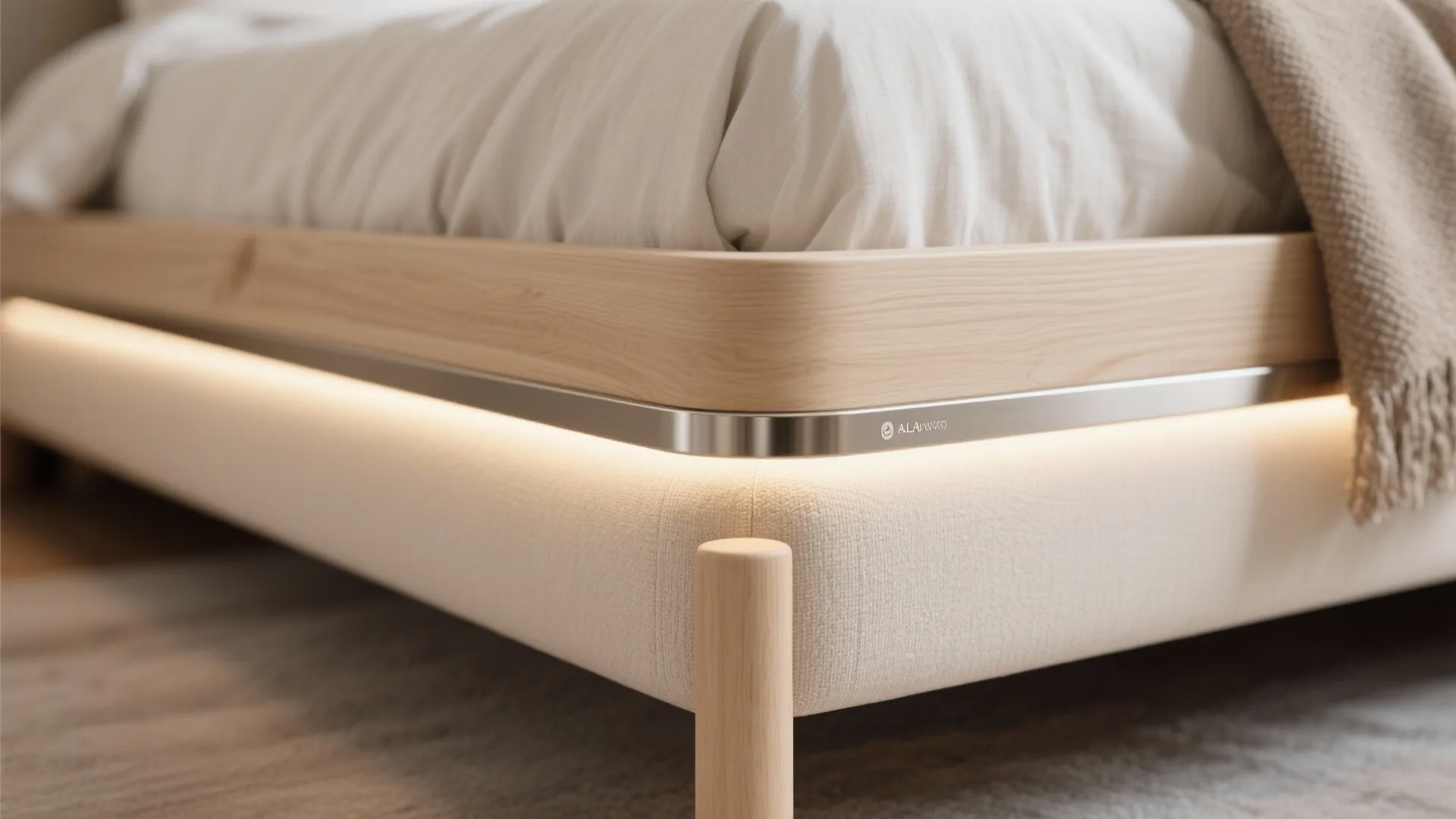 Macro view of light, matte finishes and slim upholstery on a queen bed frame under layered diffuse lighting.