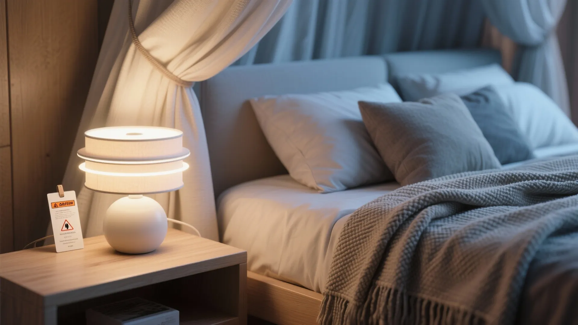 Small round white table lamp glowing on a wooden bedside table next to a cozy bed