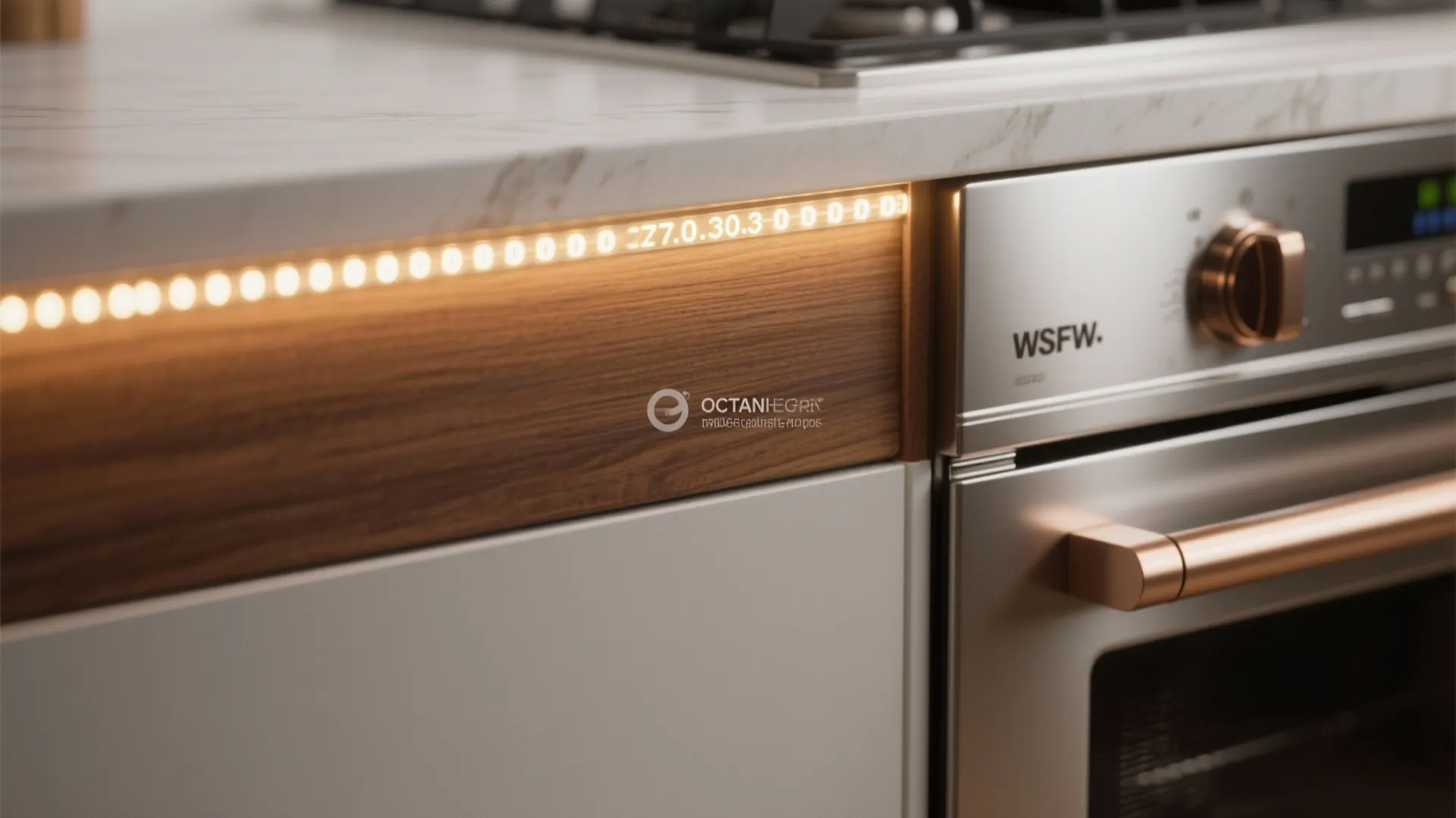 Detail of warm LED lighting on walnut and white surfaces with matching stainless steel hardware
