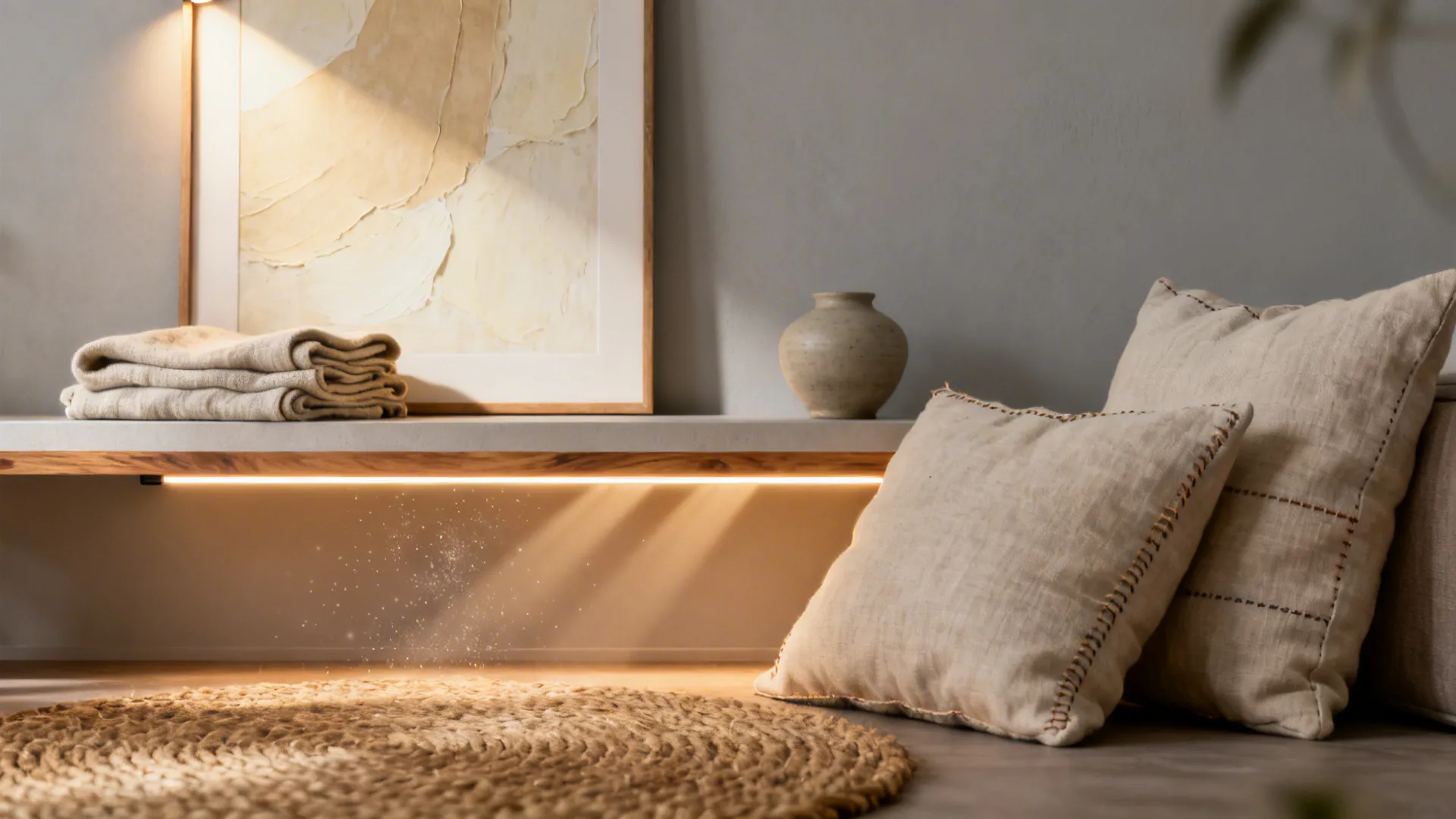 Modern shelf with warm light strip above round rug with neutral pillows and wall art