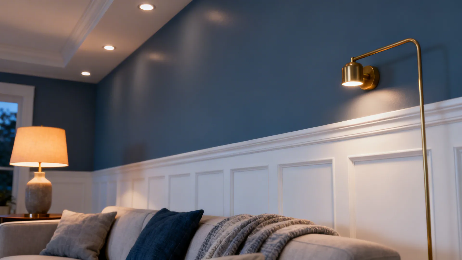Layered warm lighting in a blue-grey and white living room showing table lamp and ambient lights