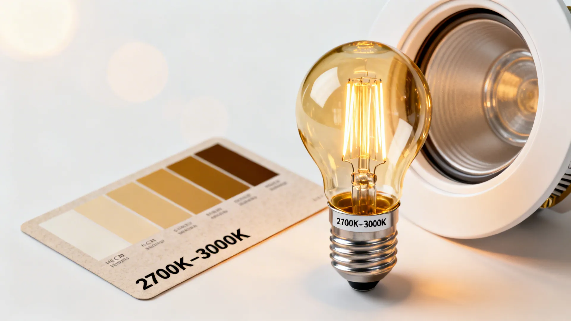 Warm LED bulb beside a high-CRI sample card and a recessed housing, illustrating color temperature and retrofit options.