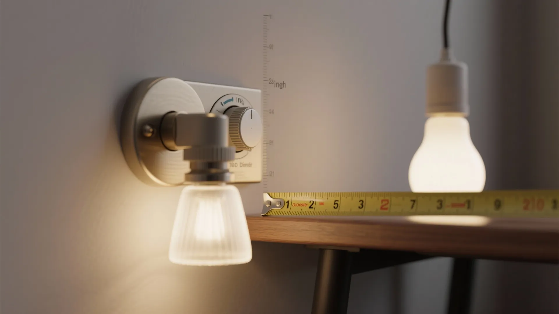 Macro details of a dimmer, frosted diffuser, and tape measure showing recommended fixture height.