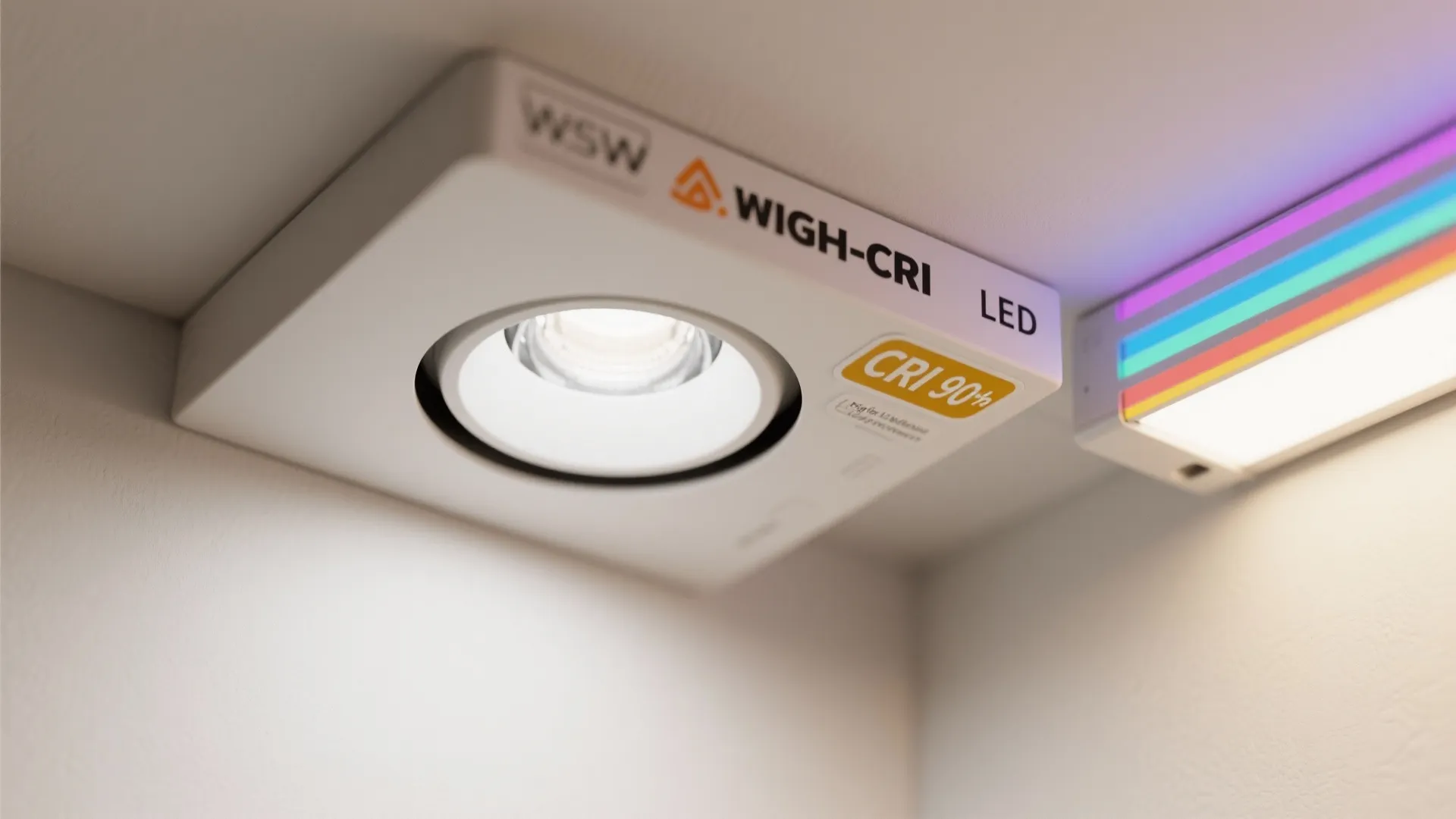 Macro details of high-CRI LED, shallow downlight, wall washer lens, and diffused RGB strip for gym lighting.