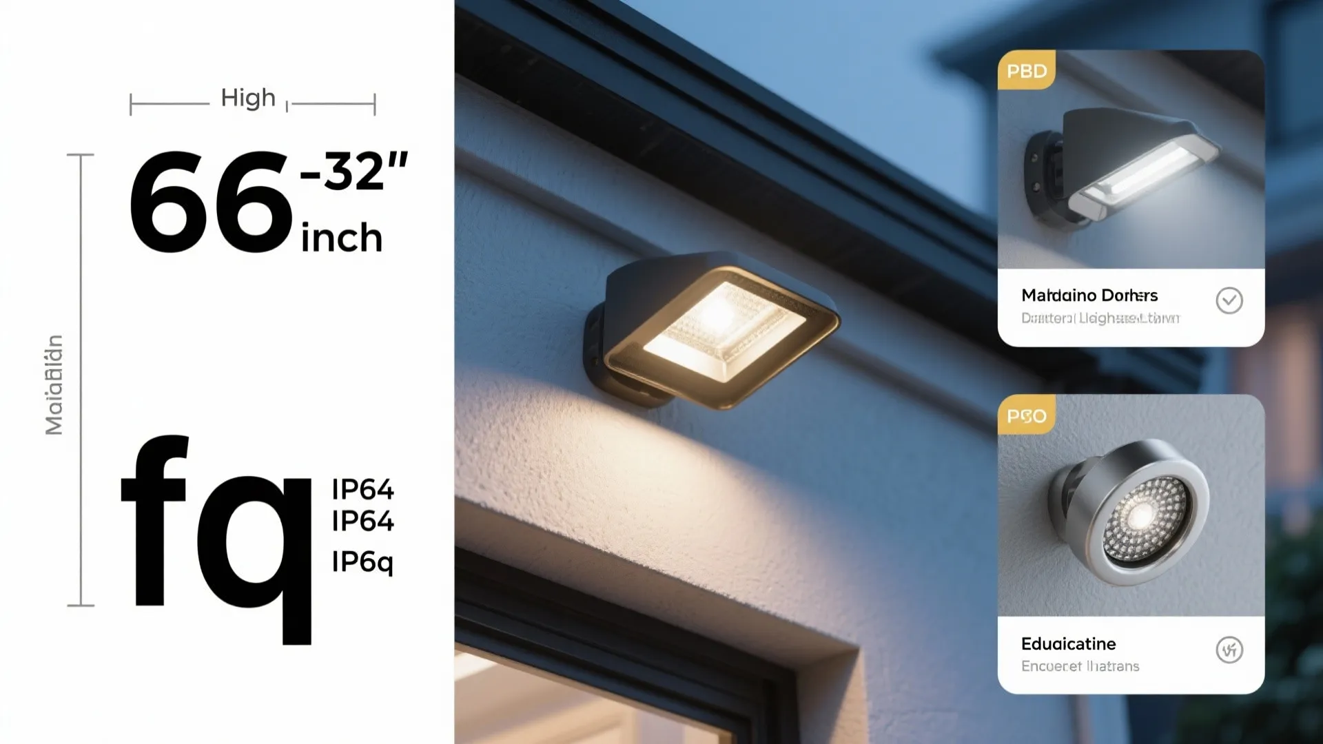 Infographic showing different outdoor wall light fixture options with technical measurements and waterproof rating details