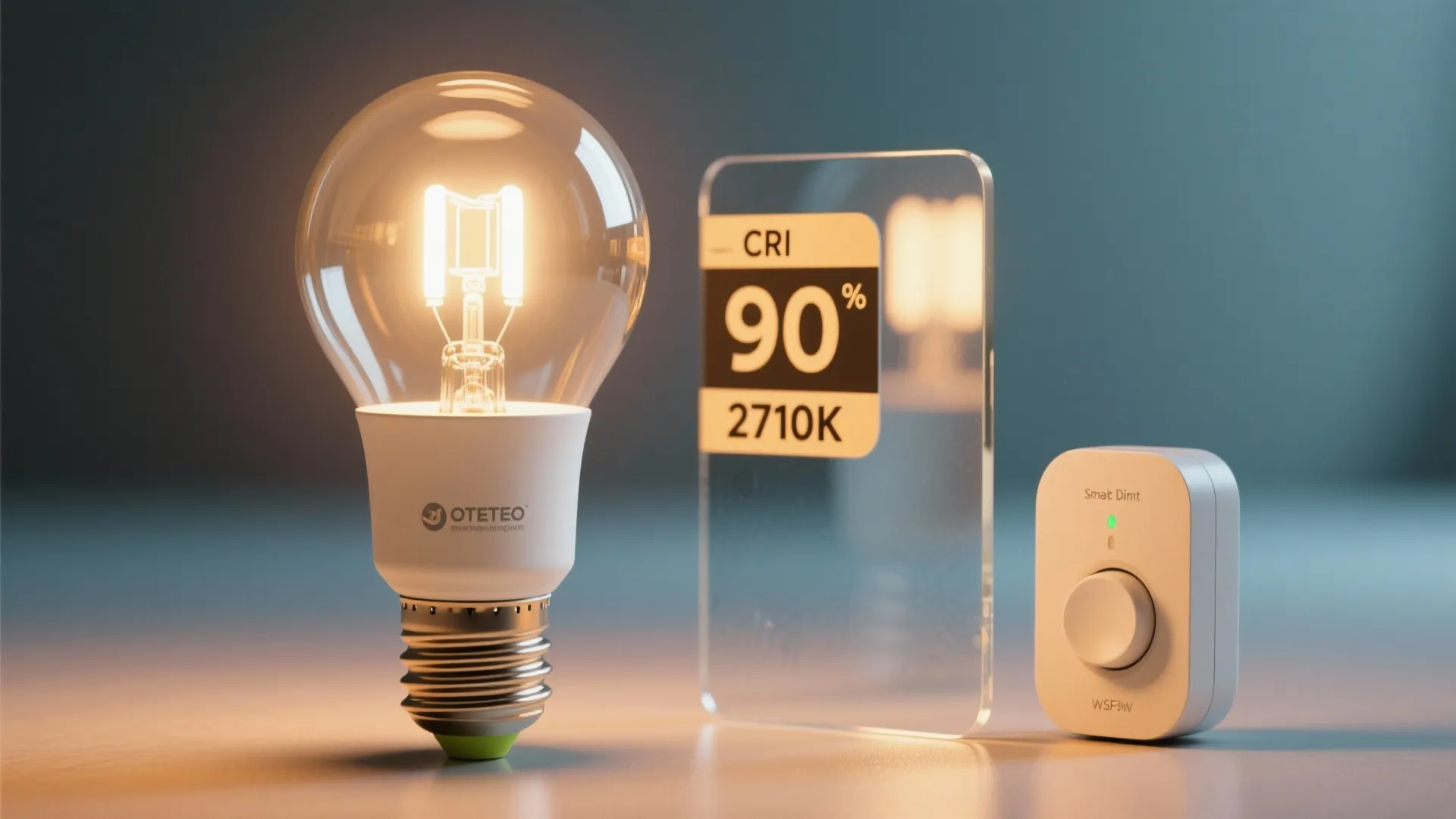 A glowing glass light bulb next to a digital display showing color index and temperature