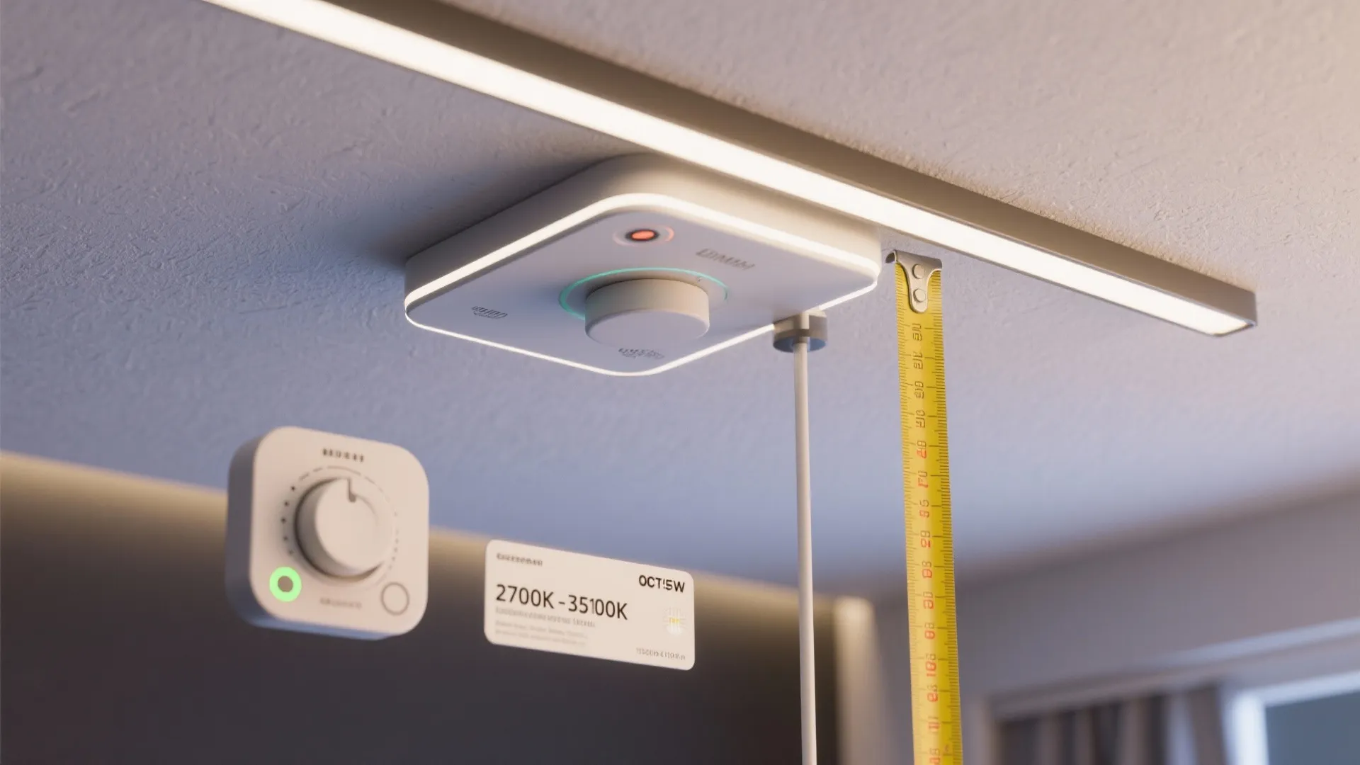 Smart light fixture on ceiling with yellow measuring tape showing technical lighting details and controls