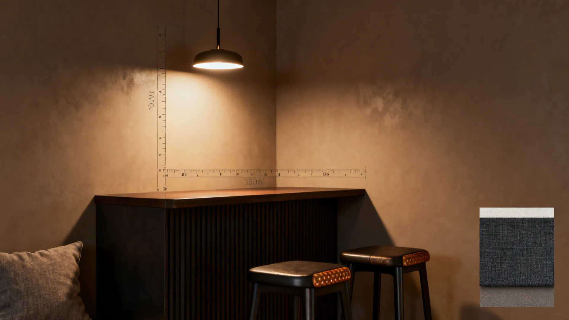 Small black ceiling light hanging above a dark wood bar counter with measurement guides clearly shown