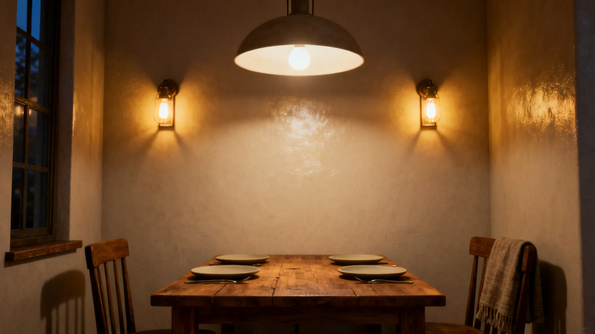 Small dining area with layered warm lighting illustrating best lights for reflective colors