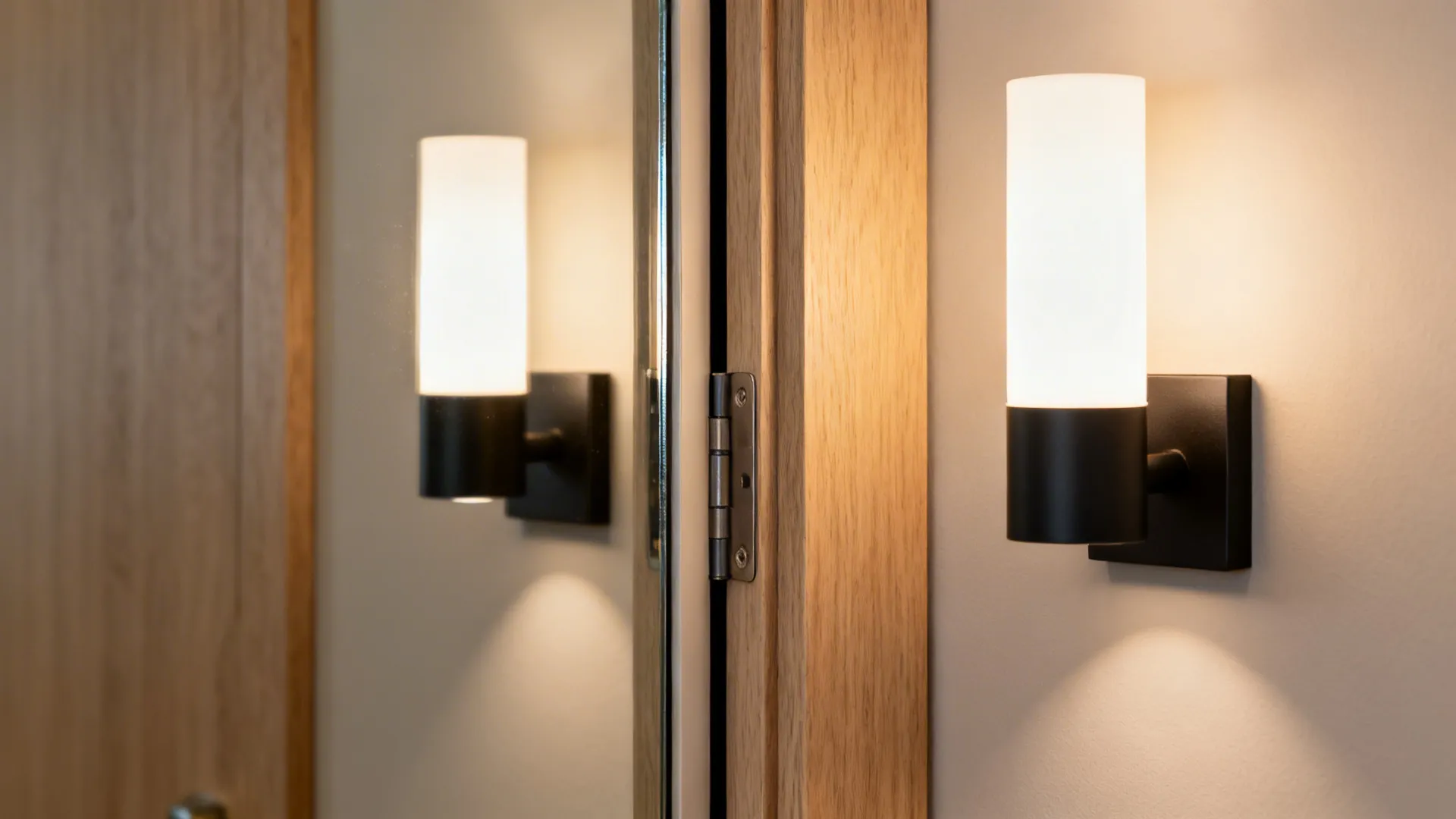 Macro of warm bedside sconce light and pocket door hardware in a small suite.