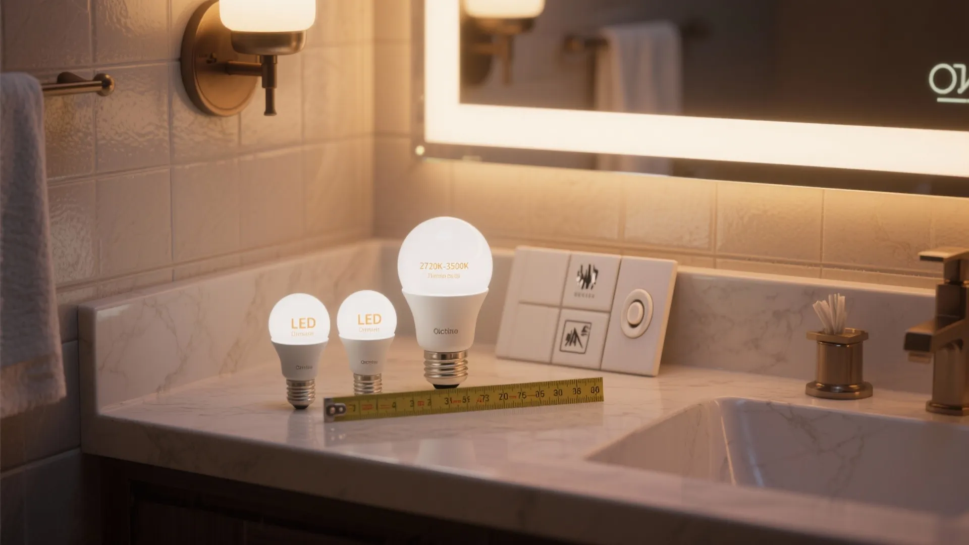 Three led light bulbs in different sizes placed on a marble bathroom counter with ruler